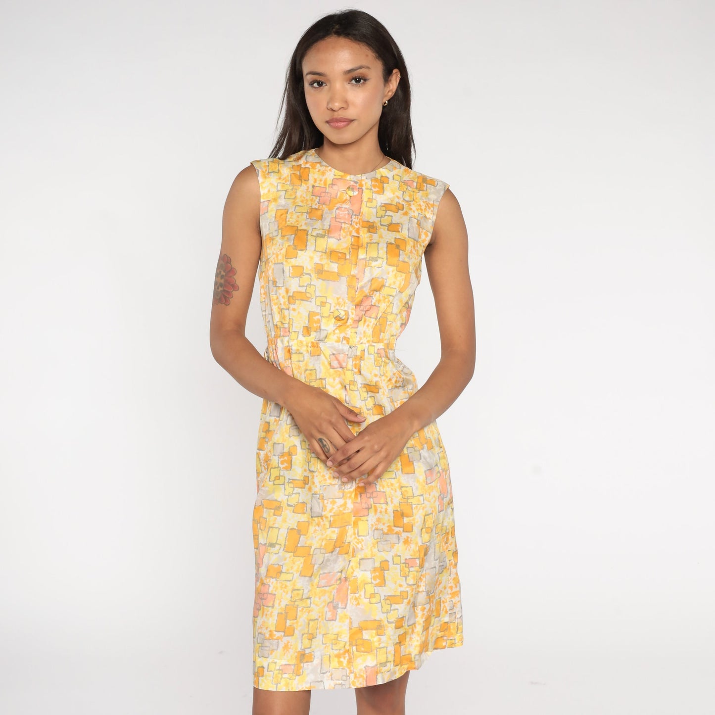 60s Geometric Print Button-Up Mini Dress Yellow Orange High Waist Extra Small