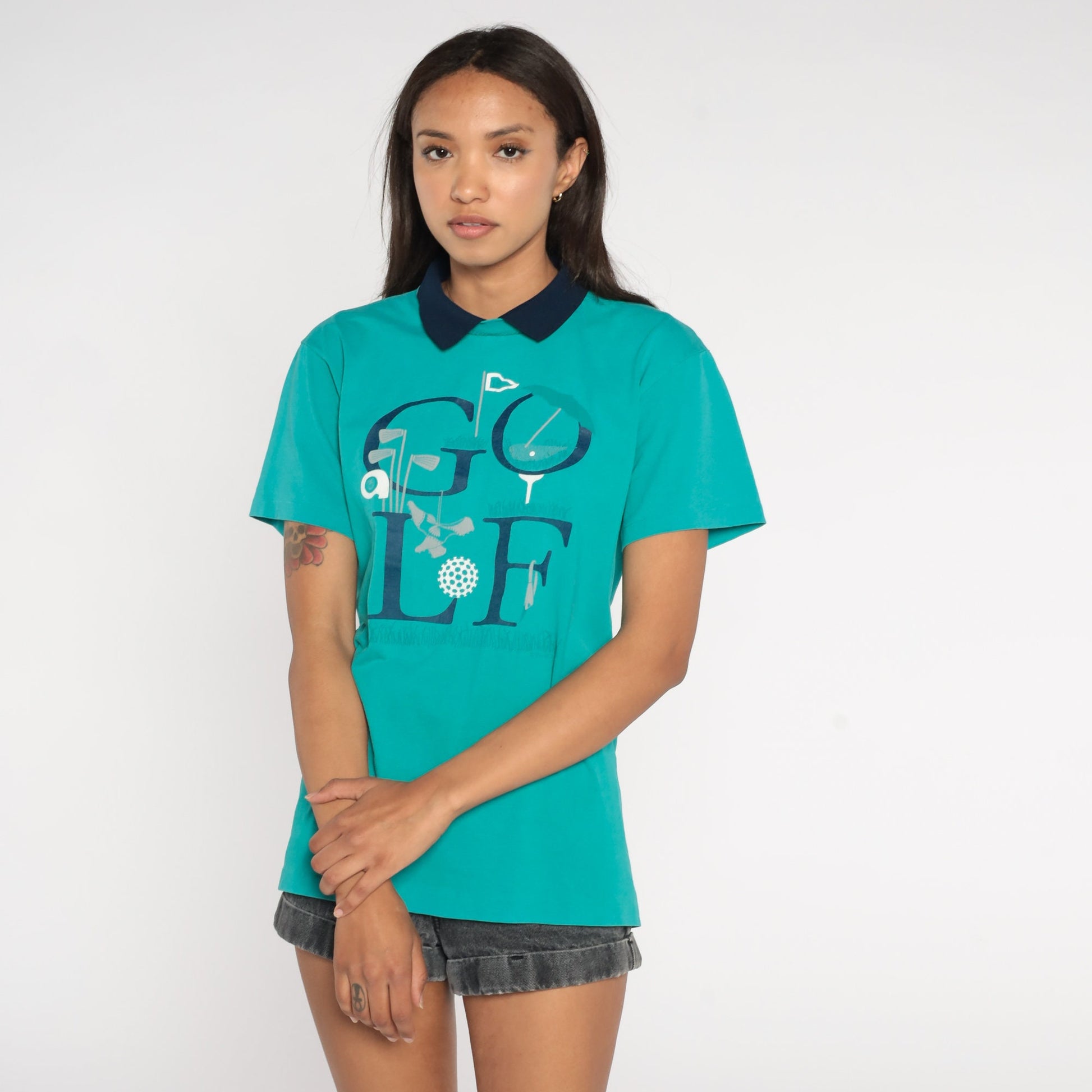 90s Golf Graphic Collared T-Shirt Turquoise Small S