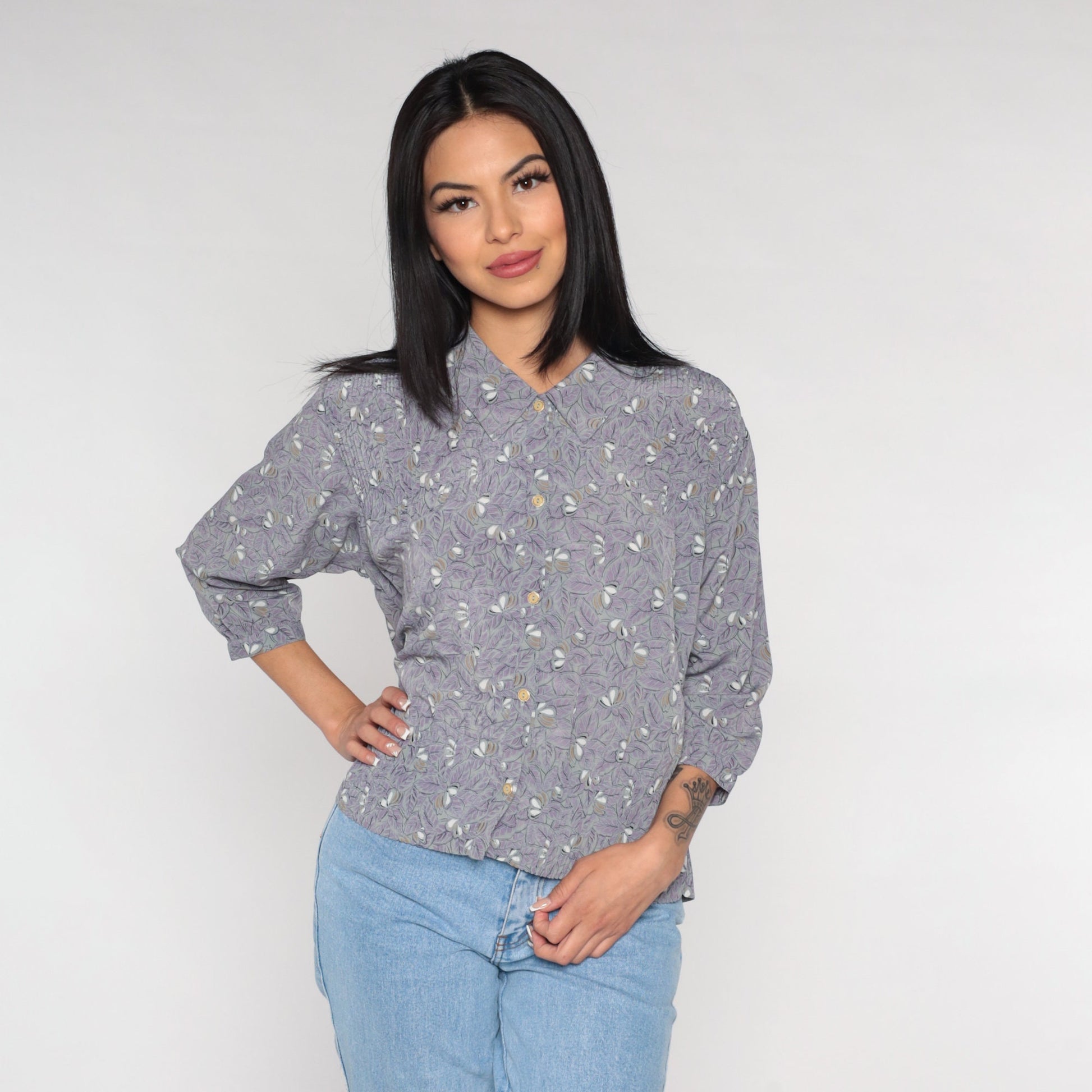 90s Leaf Floral Button-Up Blouse Purple Grey 3/4 Sleeve Pleated Shirt Large L