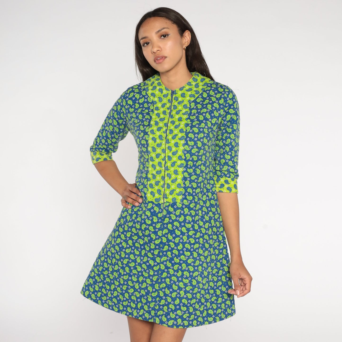 60s Paisley Quilted Mini Dress Blue Lime Green Shift Front Zipper Small