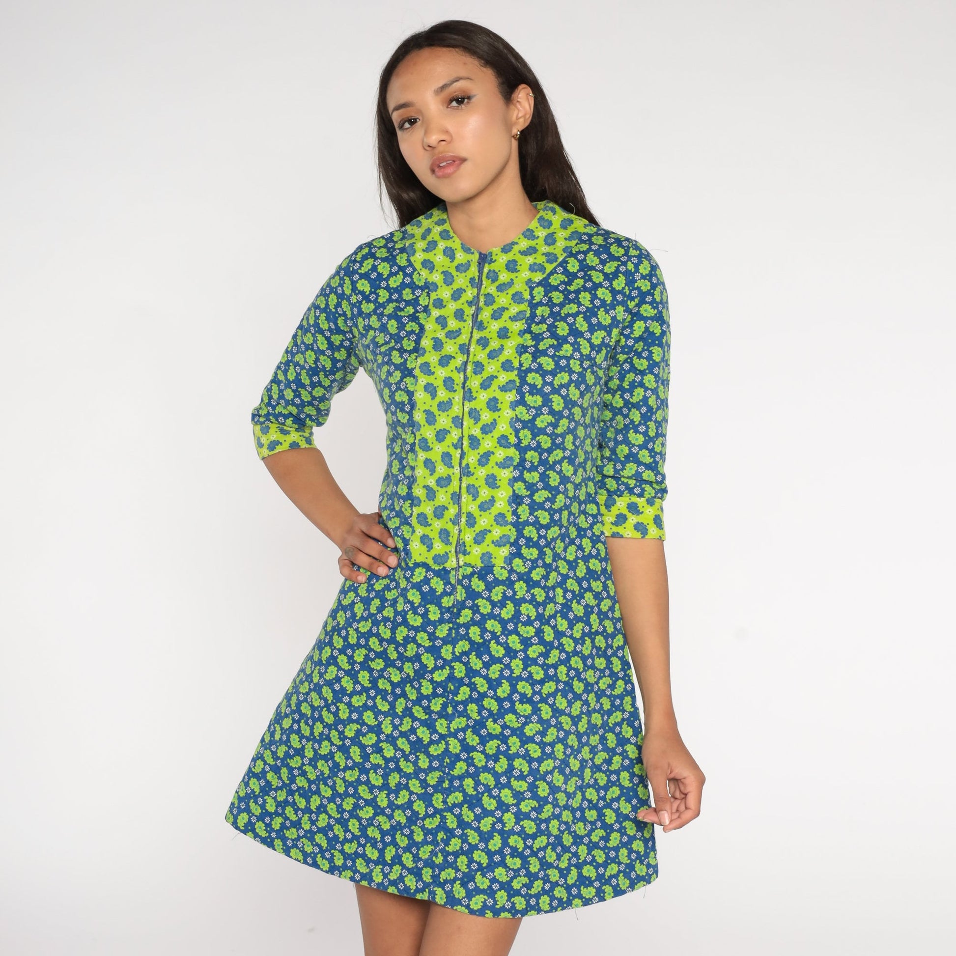 60s Paisley Quilted Mini Dress Blue Lime Green Shift Front Zipper Small