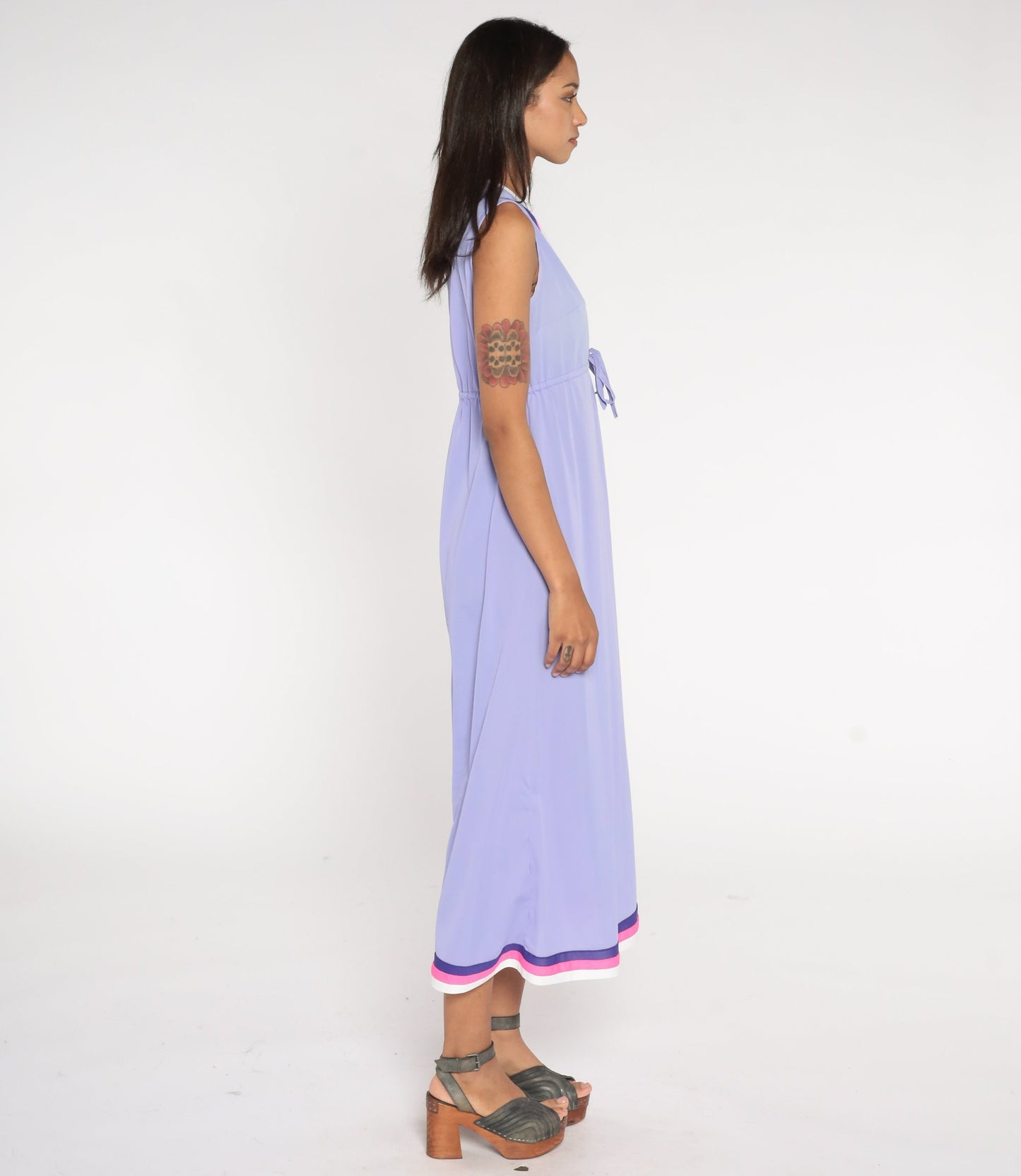 70s Lavender Nylon Slip Nightgown Striped High Waist Maxi Medium