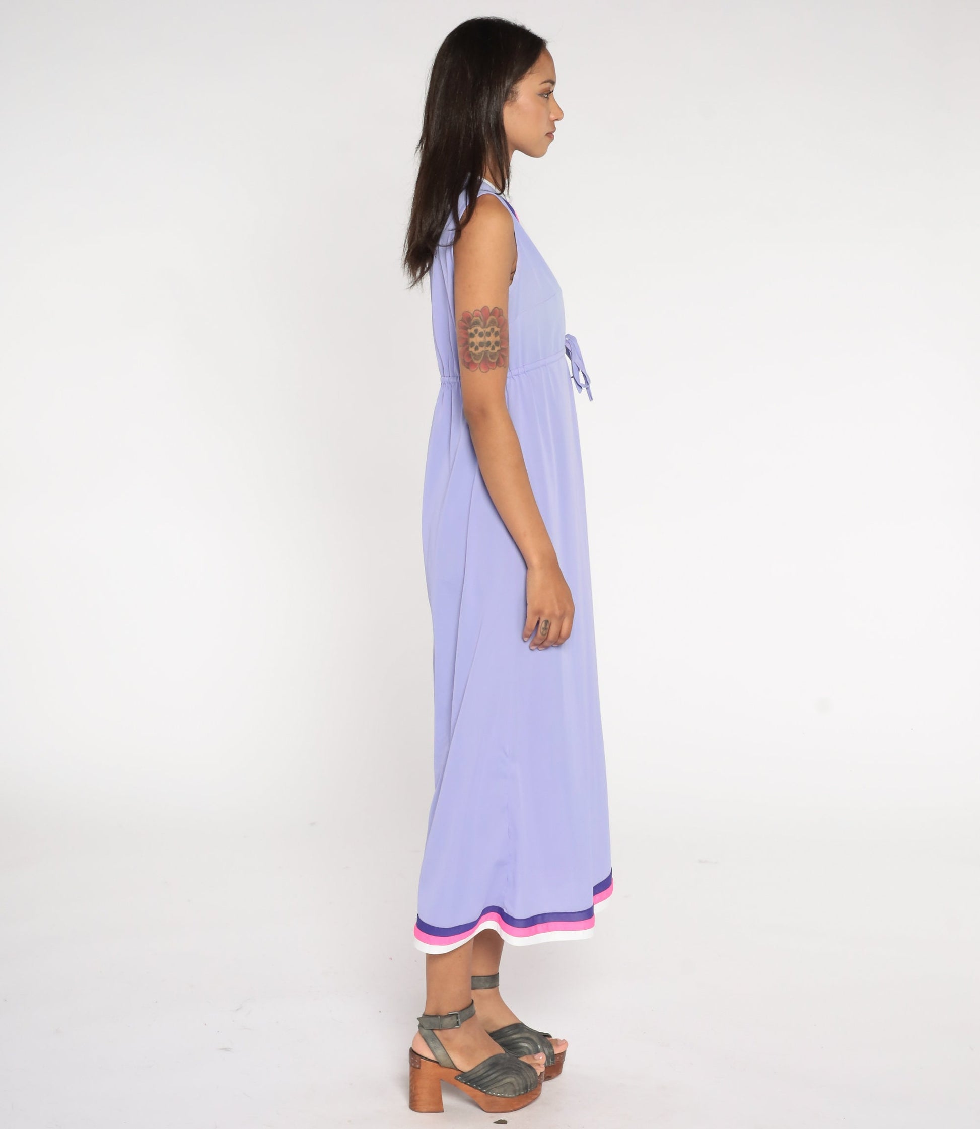 70s Lavender Nylon Slip Nightgown Striped High Waist Maxi Medium