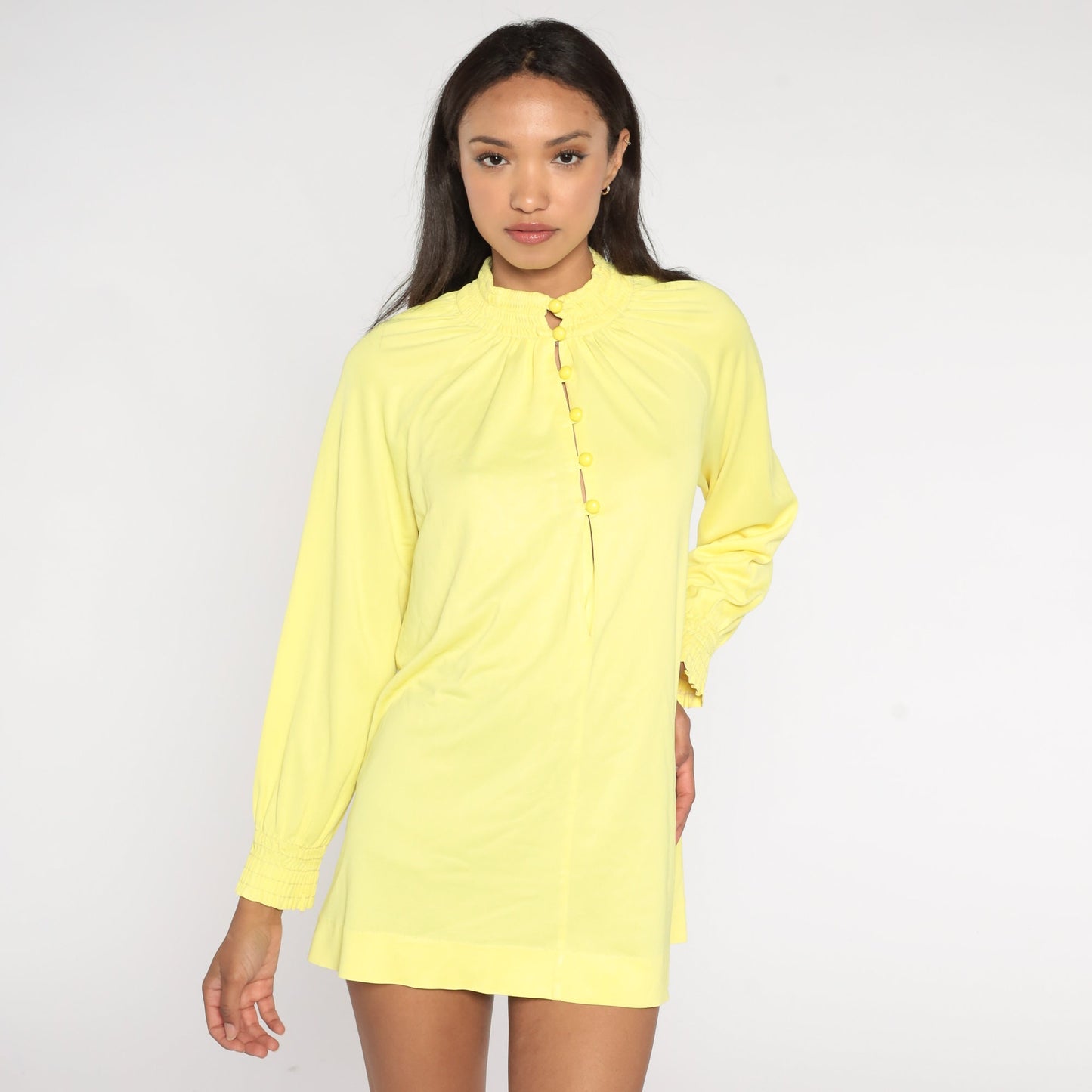 70s Cole of California Yellow Button-Up Blouse Smocked Long Raglan Sleeve Medium Large