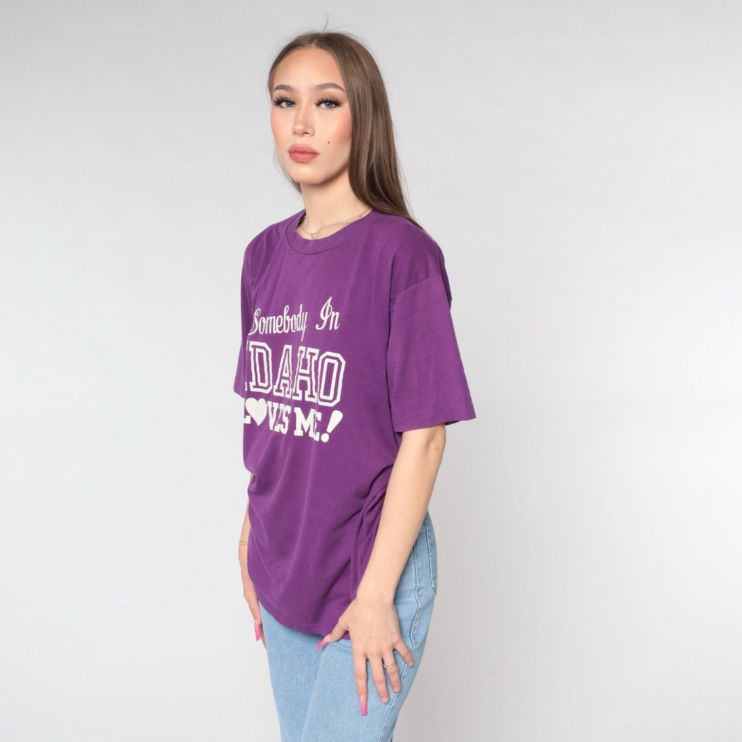 80s Somebody in Idaho Loves Me Graphic T-Shirt Purple Travel Tee Large
