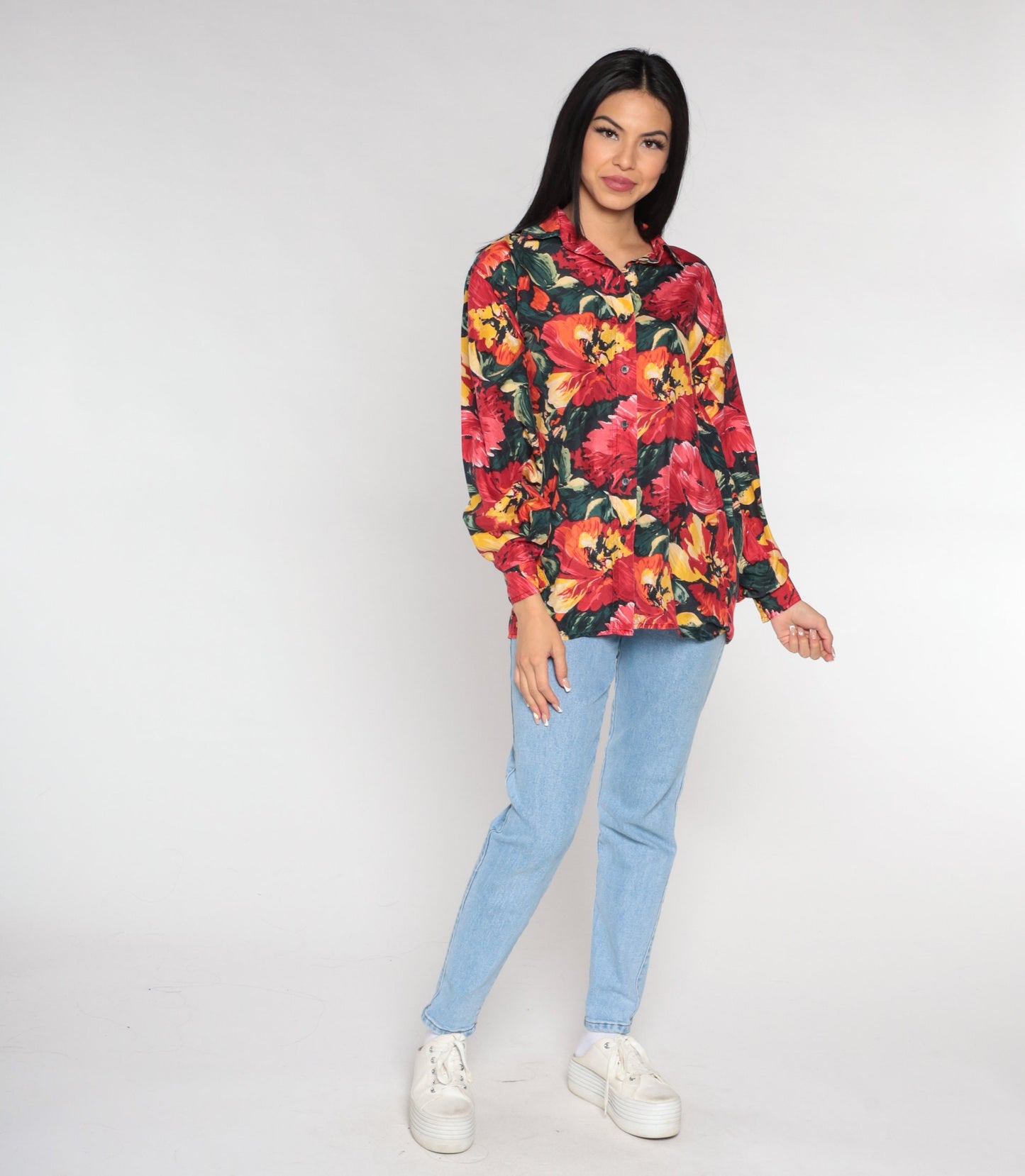 90s Silk Floral Button-Up Blouse Long Sleeve Poppy Print Red Medium M