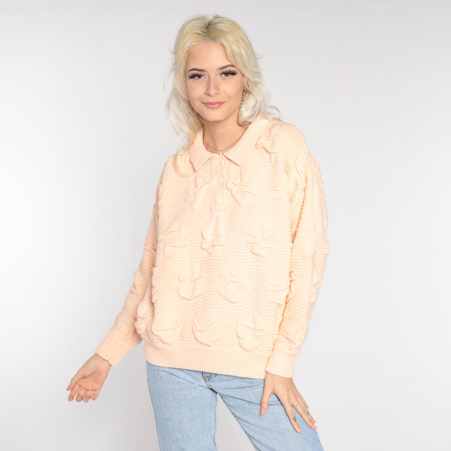 80s Peach Textured Knit Polo Sweater Collared Button-Up Medium