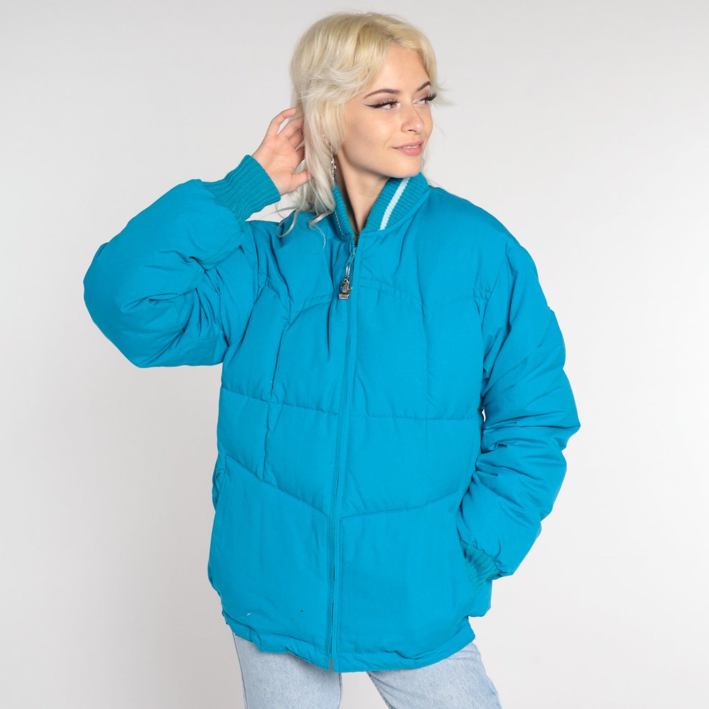 80s Blue Puffer Ski Jacket Nylon Down Fill Zip Front Medium