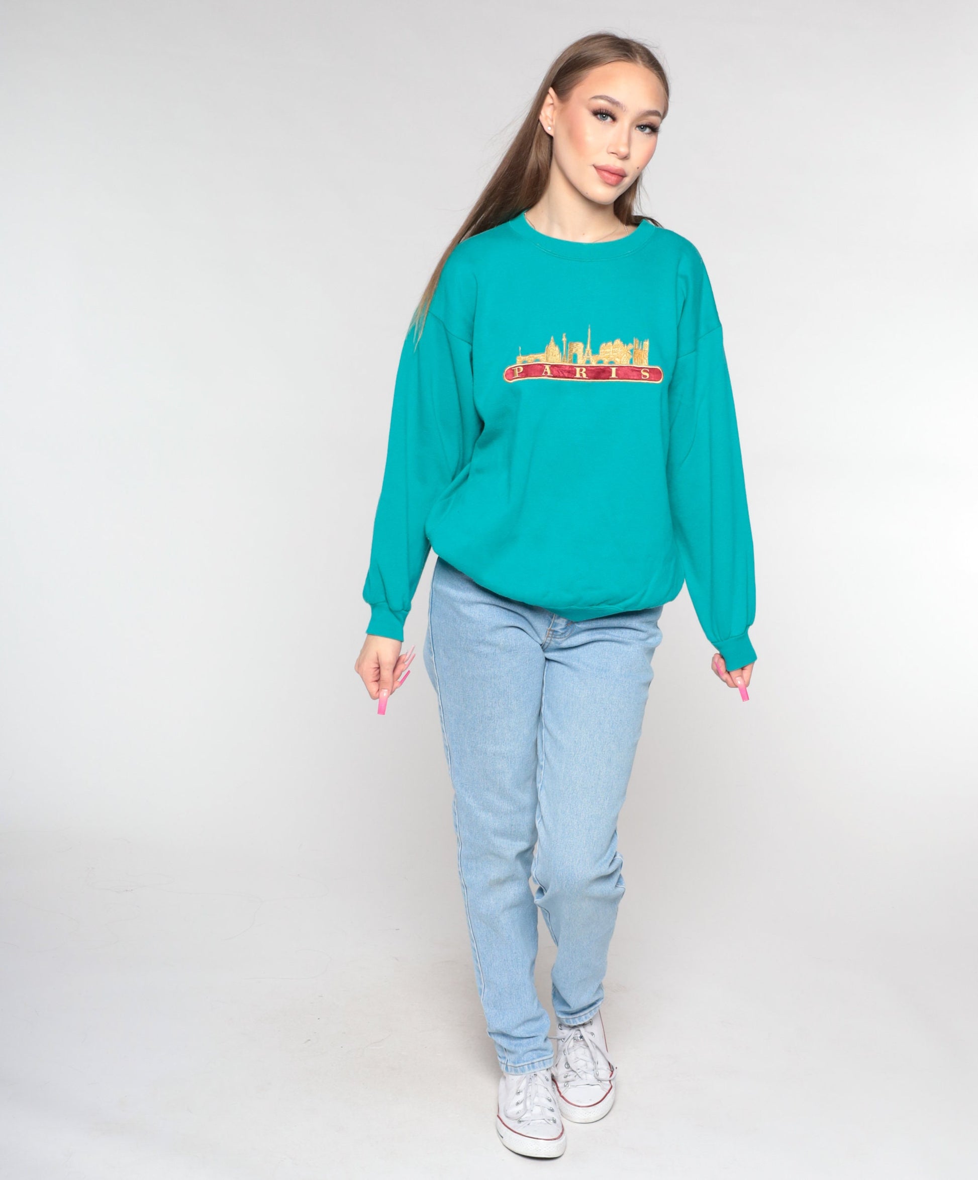 90s Paris Eiffel Tower Embroidered Sweatshirt Teal Green Crewneck Large