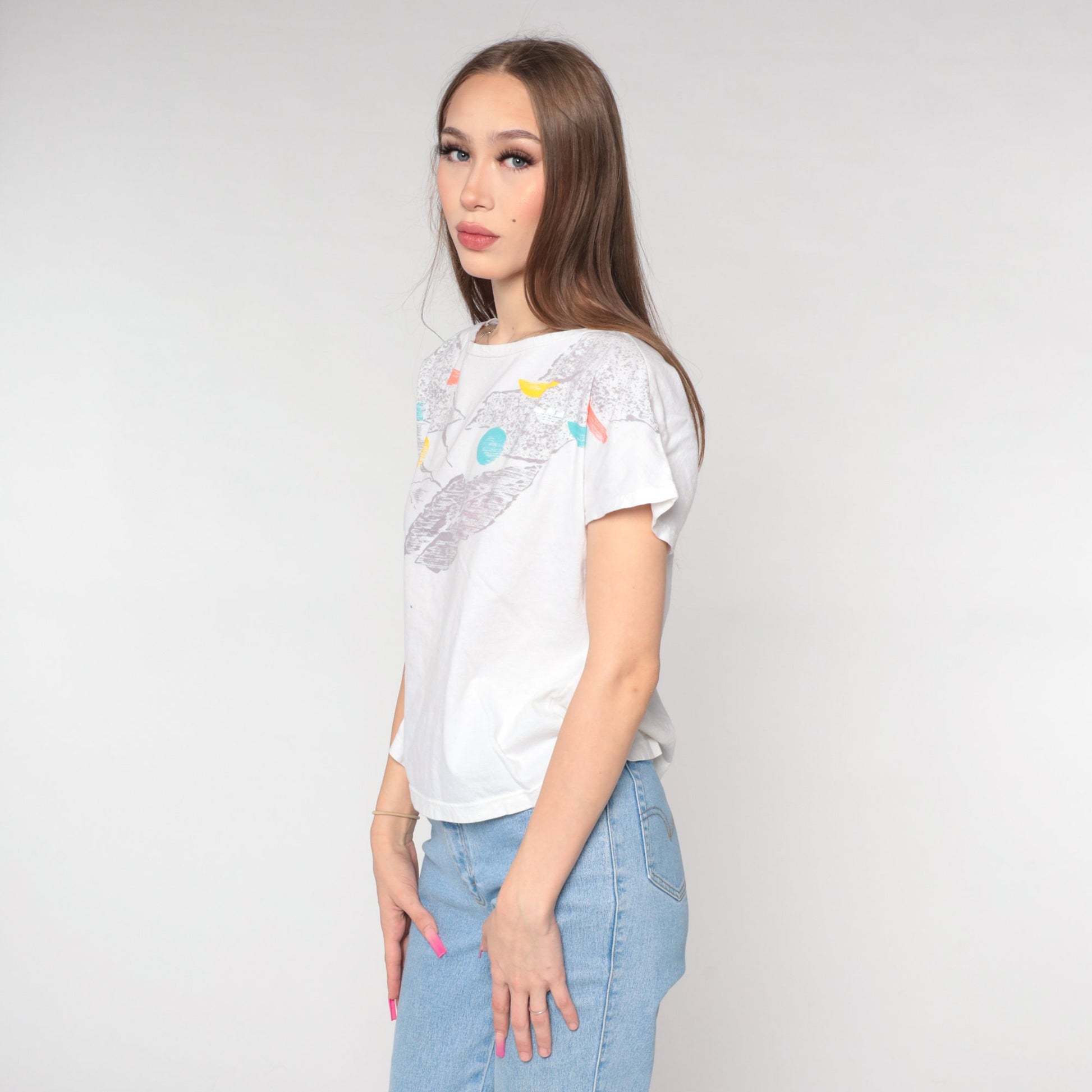 90s Adidas Abstract Print T-Shirt White Athletic Tee Medium