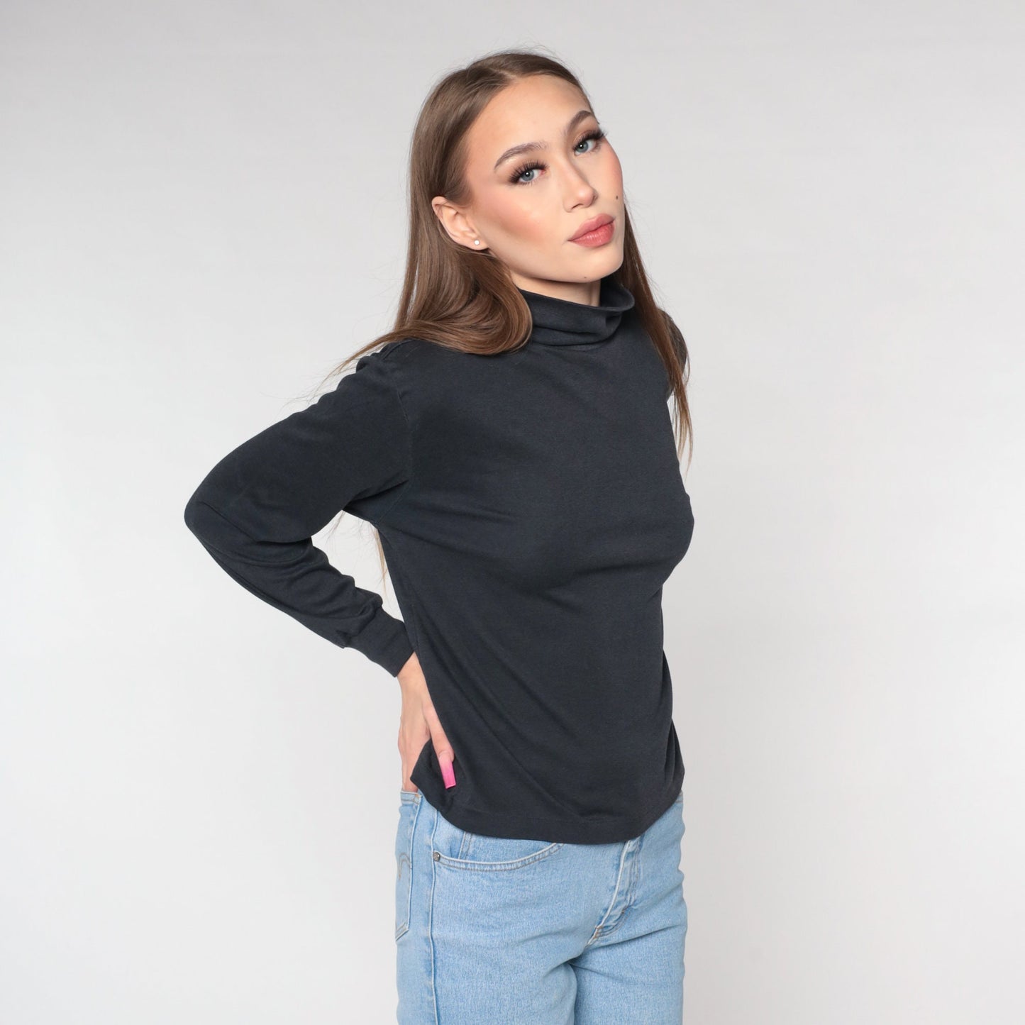 90s Black Turtleneck Long Sleeve Shirt Plain Cotton Medium