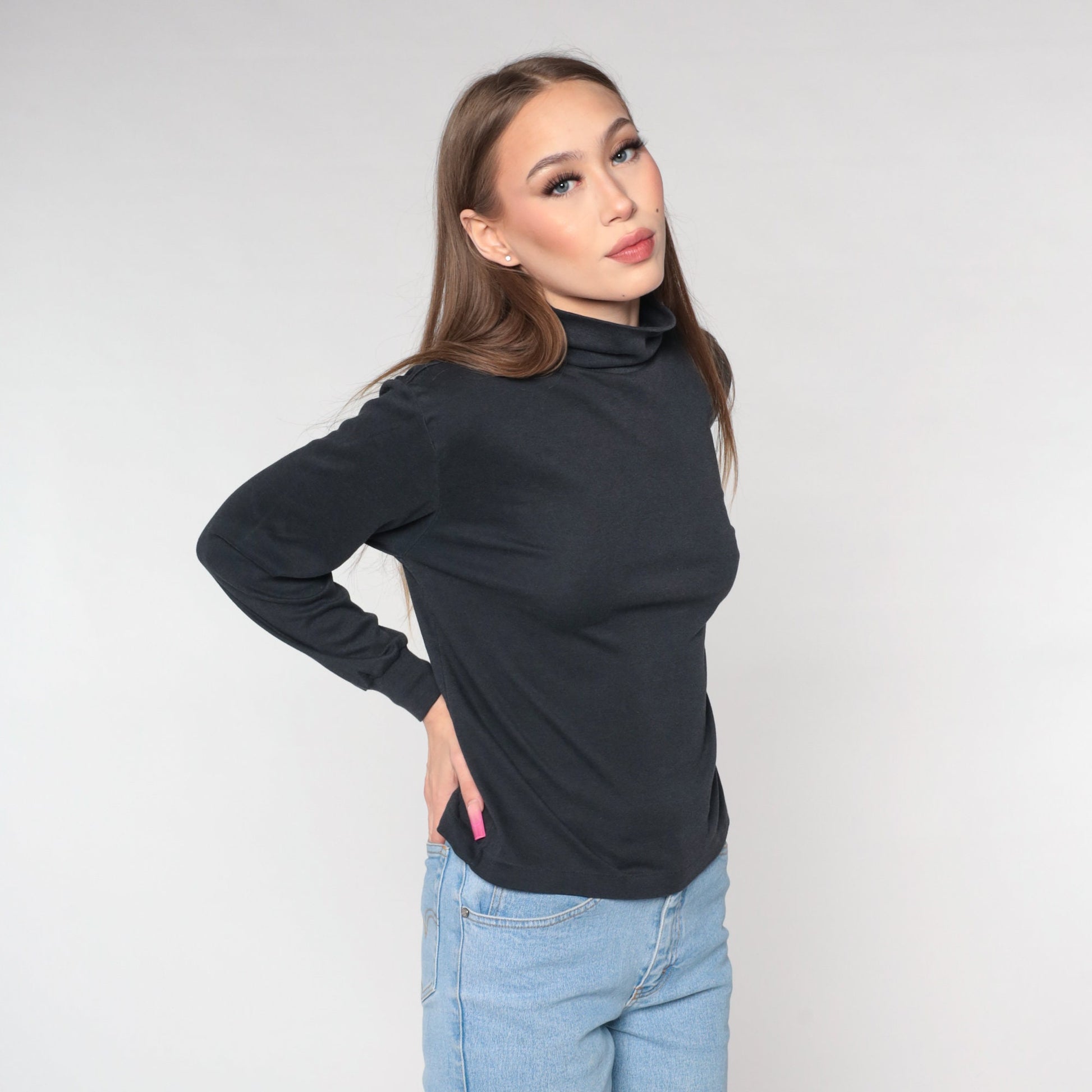 90s Black Turtleneck Long Sleeve Shirt Plain Cotton Medium