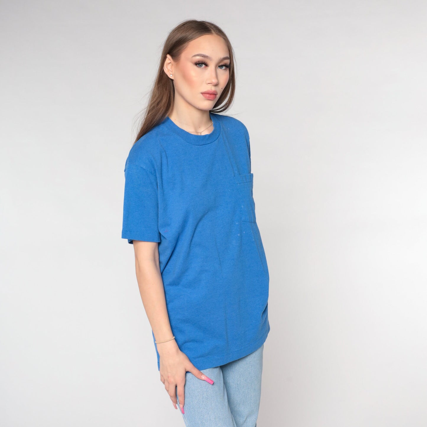 90s Blue Pocket T-Shirt Distressed Bleach Marks Cotton Large