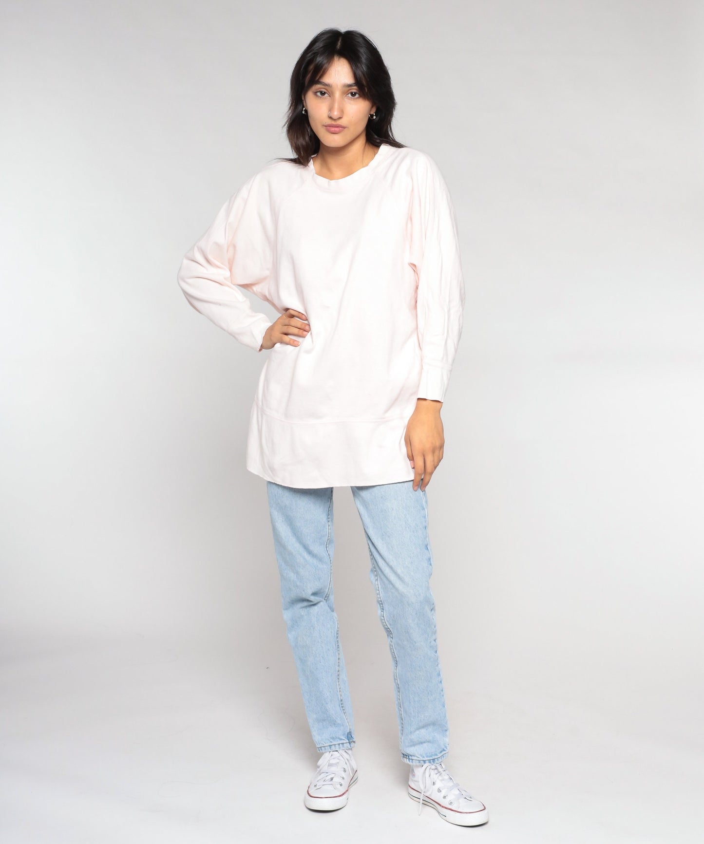 90s Light Pink Raglan Tunic Top Long Sleeve Shirt Large L