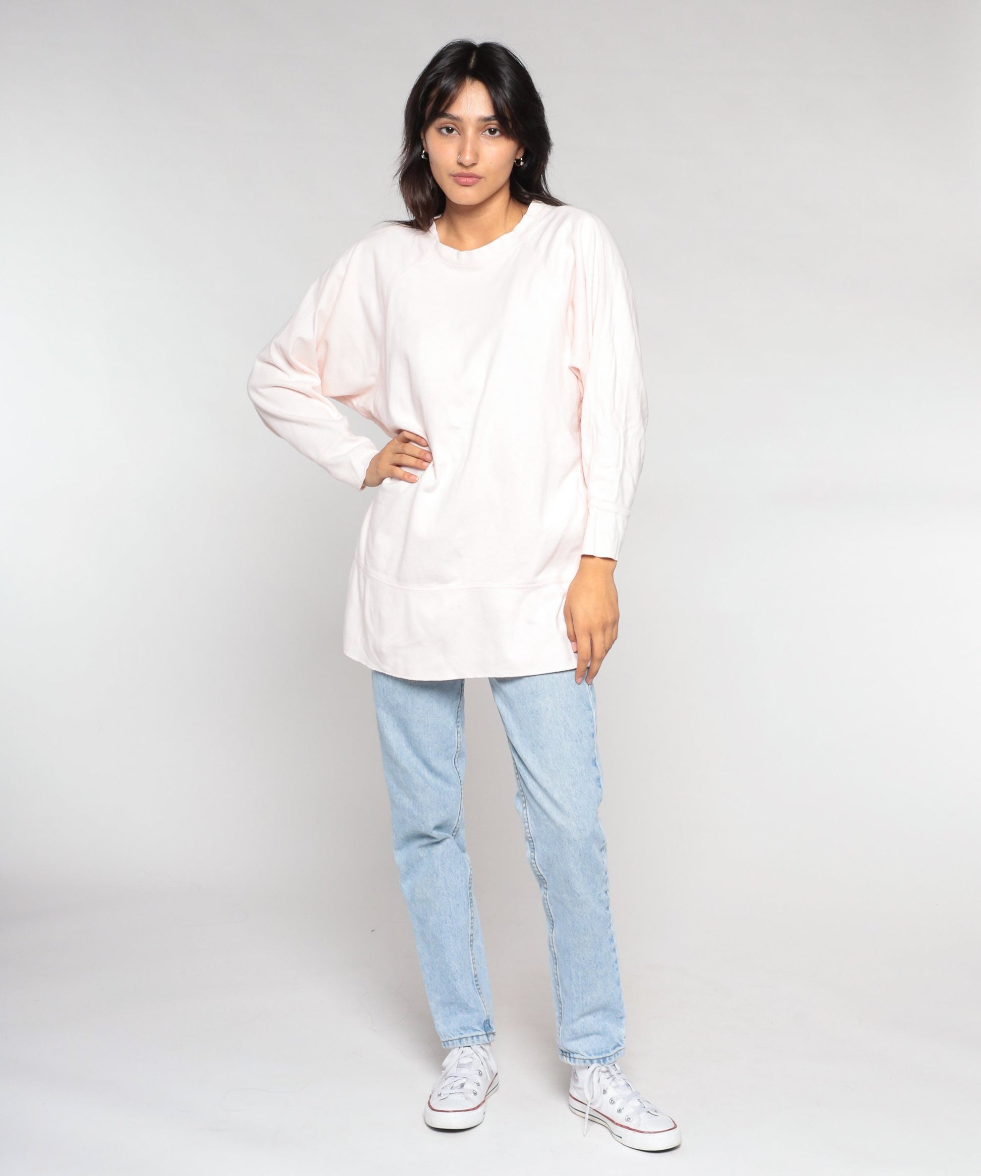 90s Light Pink Raglan Tunic Top Long Sleeve Shirt Large L