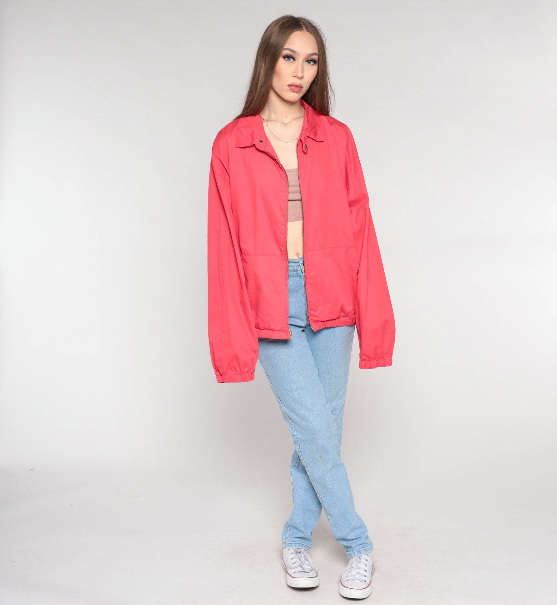 90s Red Cotton Windbreaker Jacket Zip Up Collared Large L