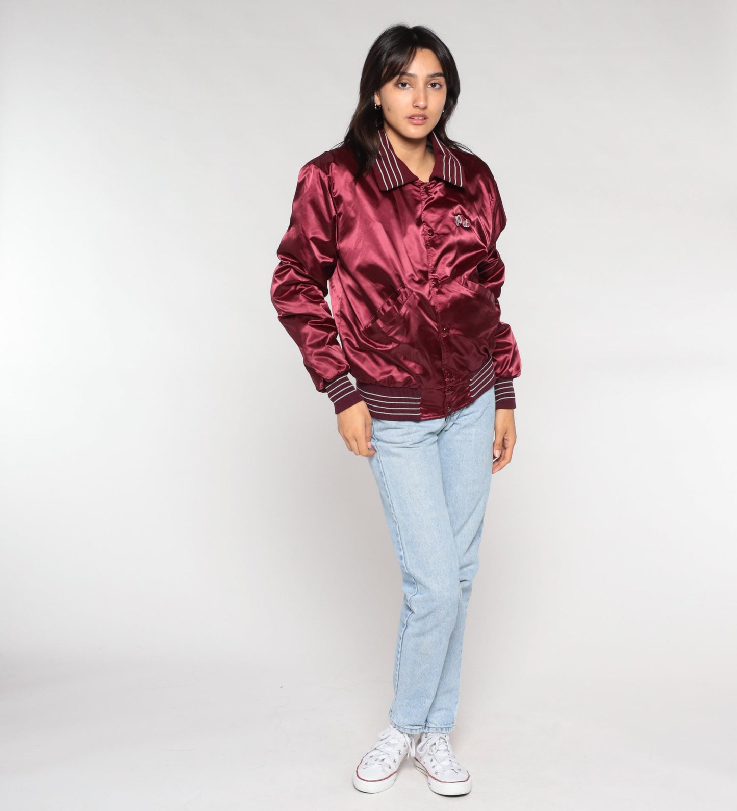 80s National Roofing Burgundy Nylon Bomber Jacket Embroidered Pat Small