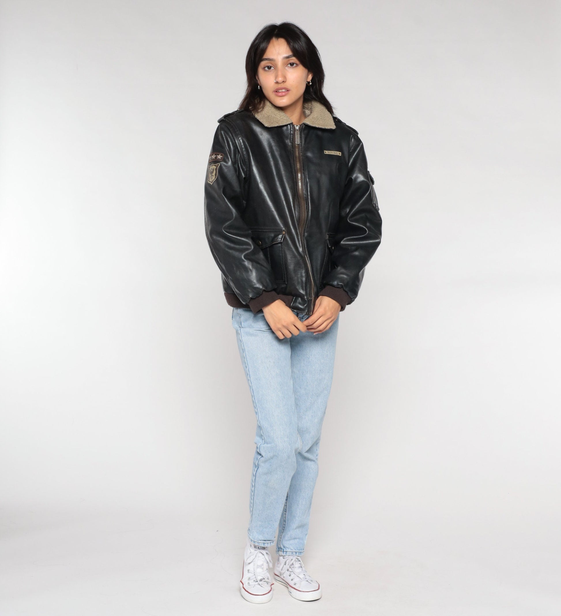 Y2K Pacific Trail Faux Leather Sherpa Aviator Jacket Dark Brown Small