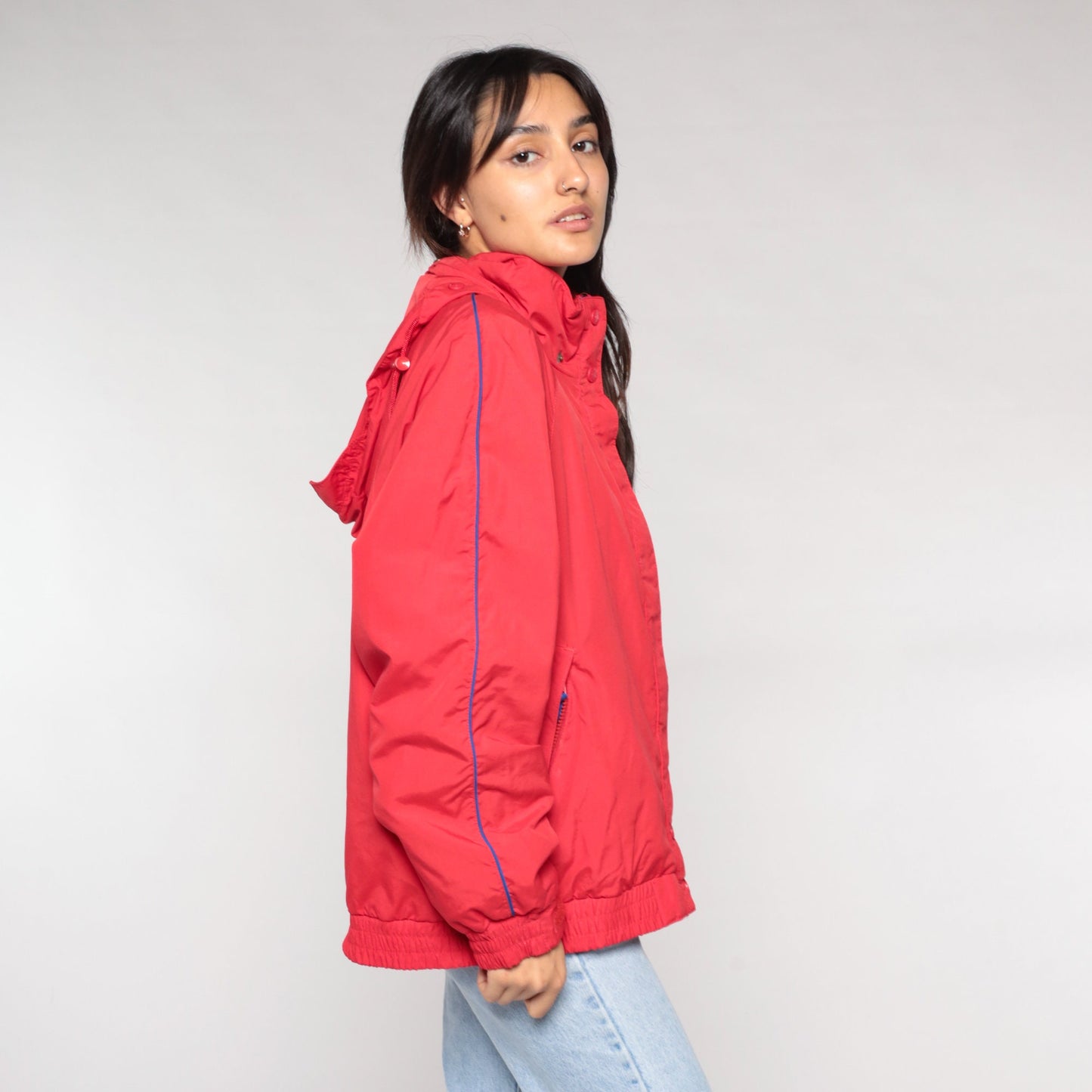 90s Eddie Bauer Red Hooded Windbreaker Jacket Nylon Large L