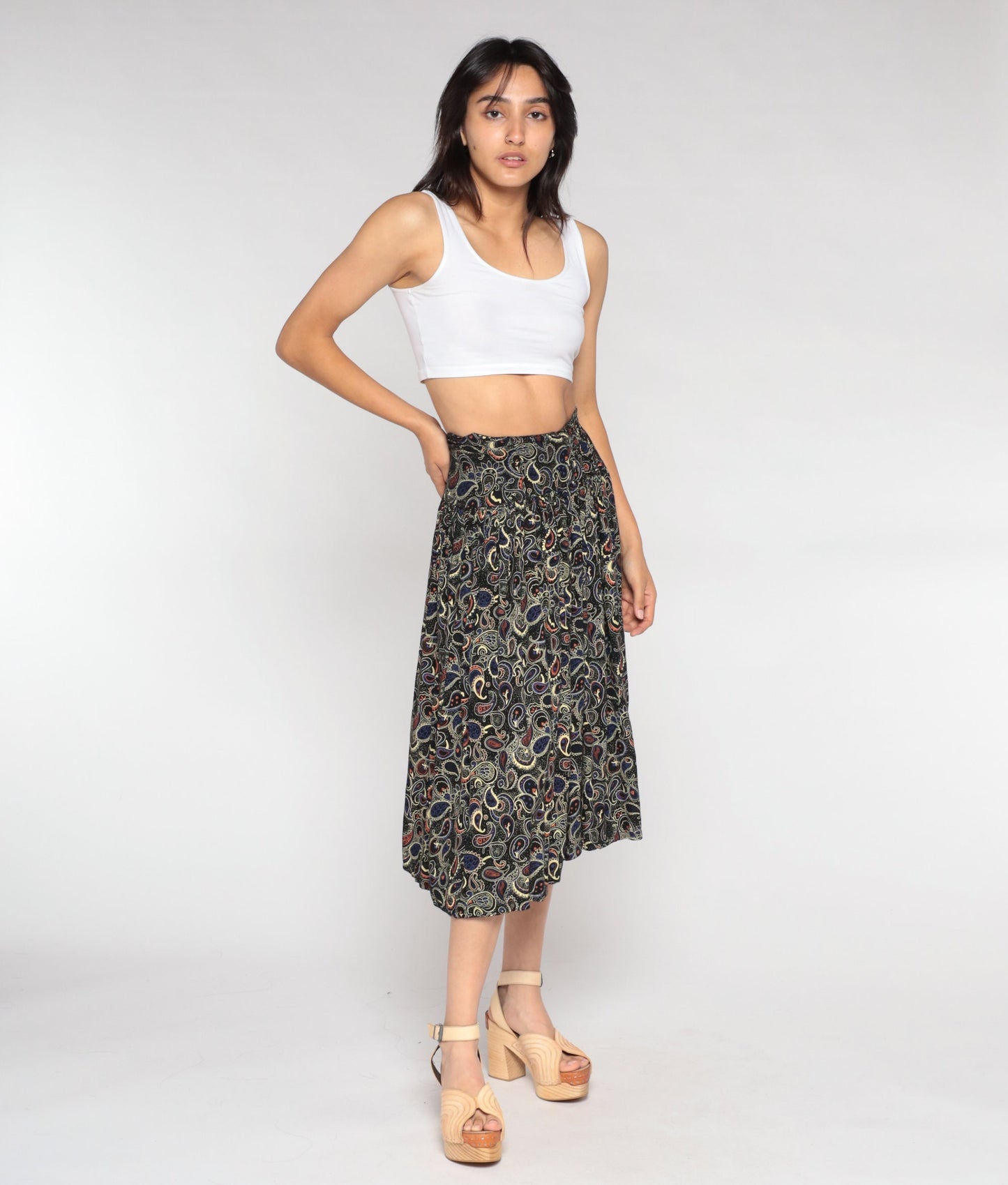 90s Black Paisley Midi Skirt High Waist Extra Small XS