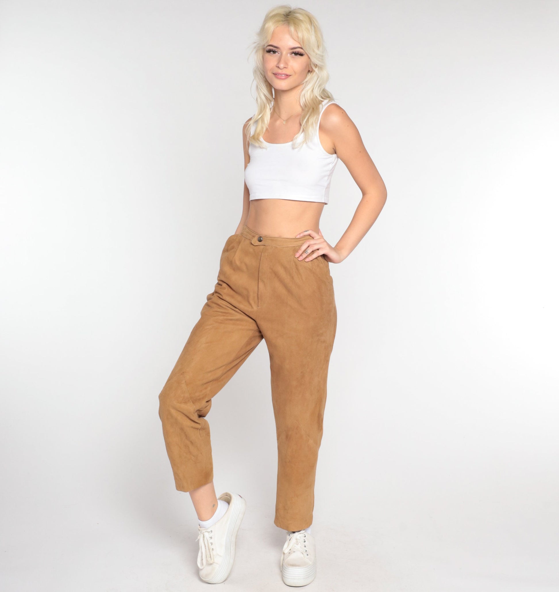 80s Brown Suede Leather Pants Straight Leg High Waist Small
