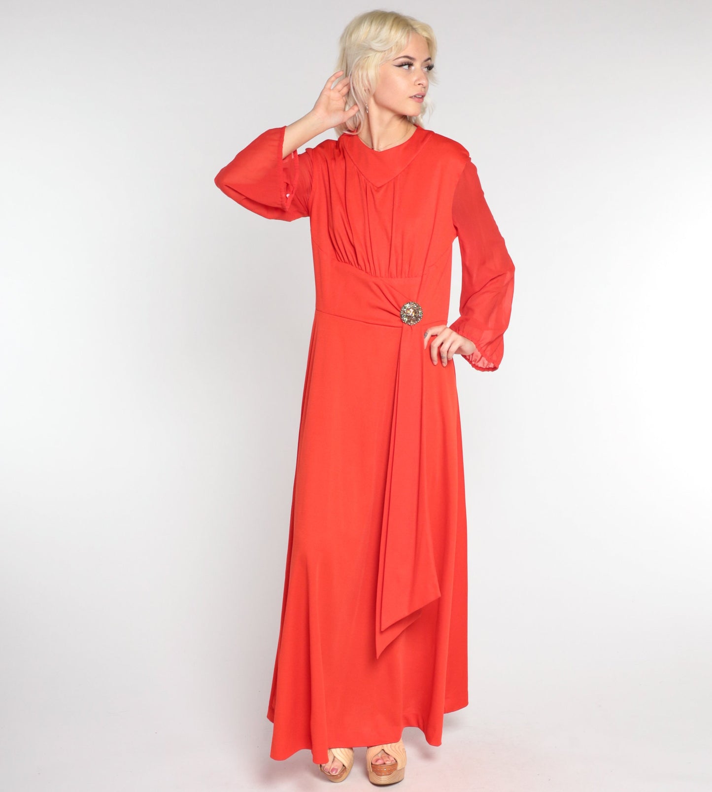 1970s Orange-Red Maxi Dress Rhinestone Sash High Waist Sheer Sleeve Medium