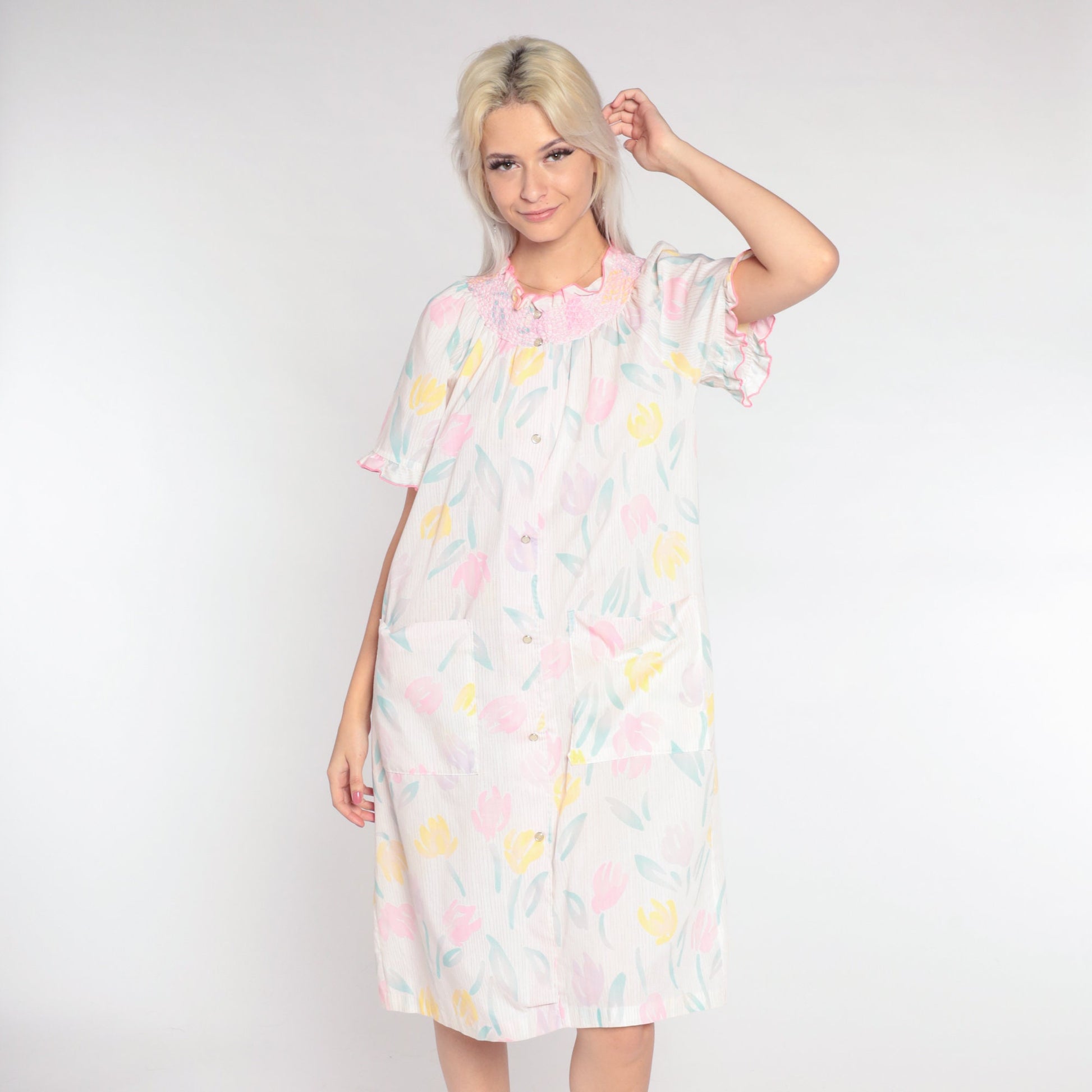 80s Floral Smocked Nightgown White Button-Up Lounge Dress Medium