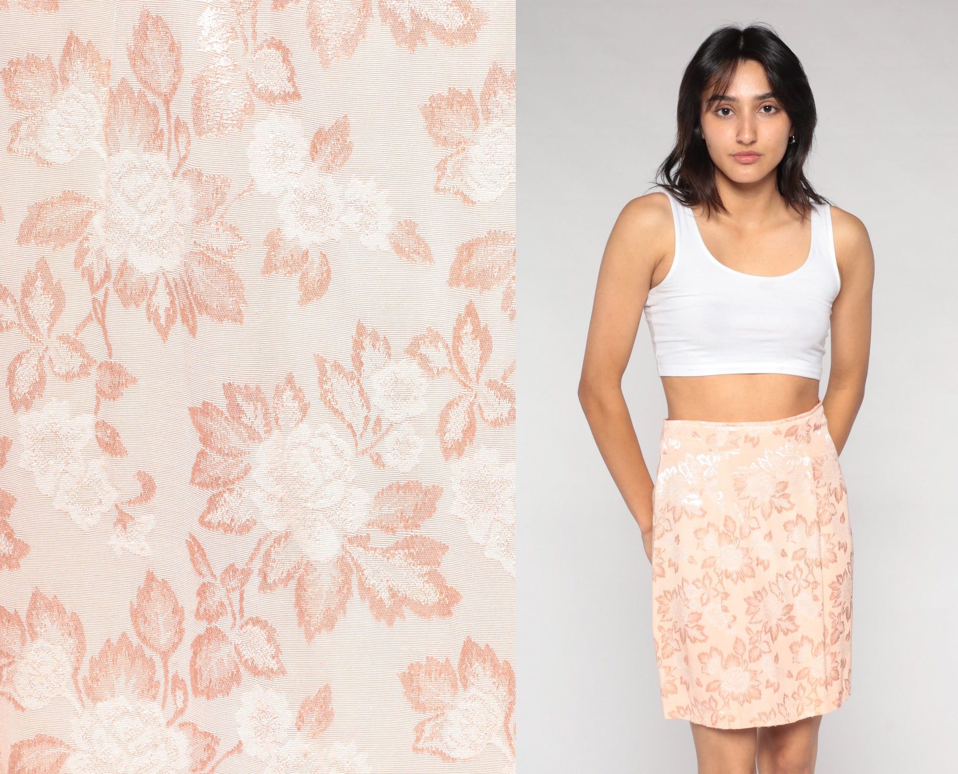 90s Light Pink Embossed Floral Pencil Mini Skirt High Waisted Slit Small