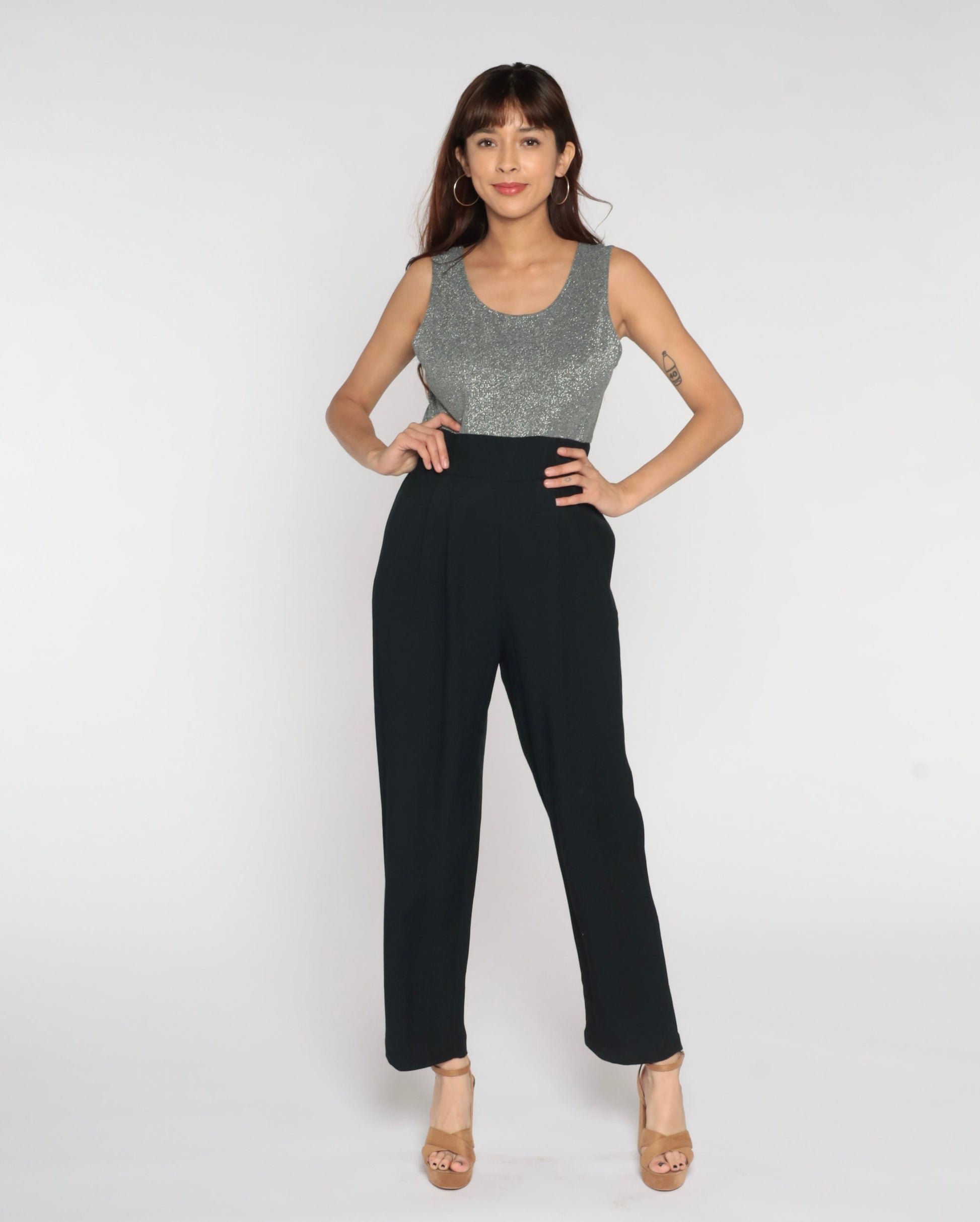 90s Black Wide Leg Jumpsuit Silver Metallic Bodice Sleeveless High Waist Medium