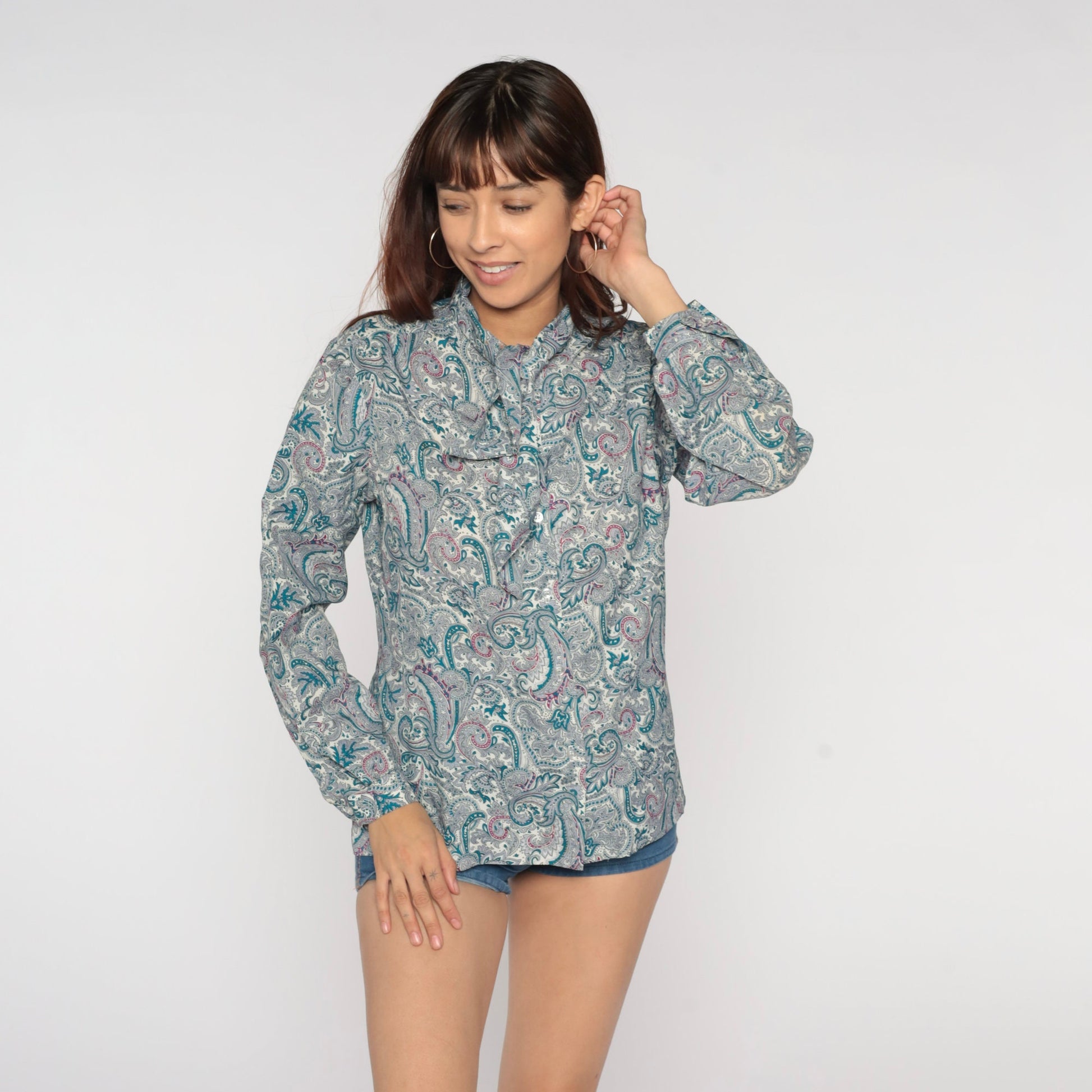 70s Paisley Ascot Blouse Teal Psychedelic Button-Up Puff Sleeve Medium