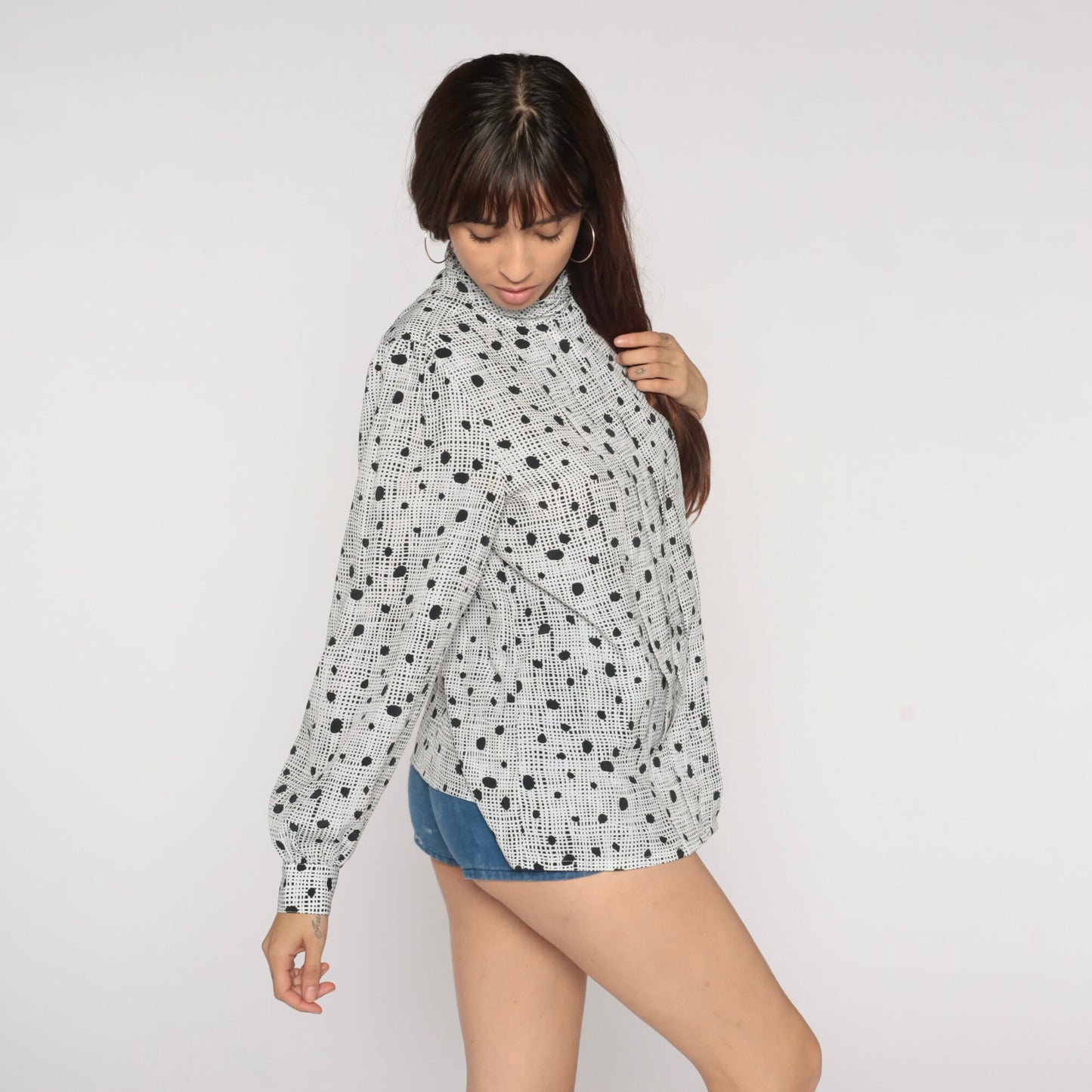 80s Black White Polka Dot Mock Neck Blouse Pleated Long Sleeve Large