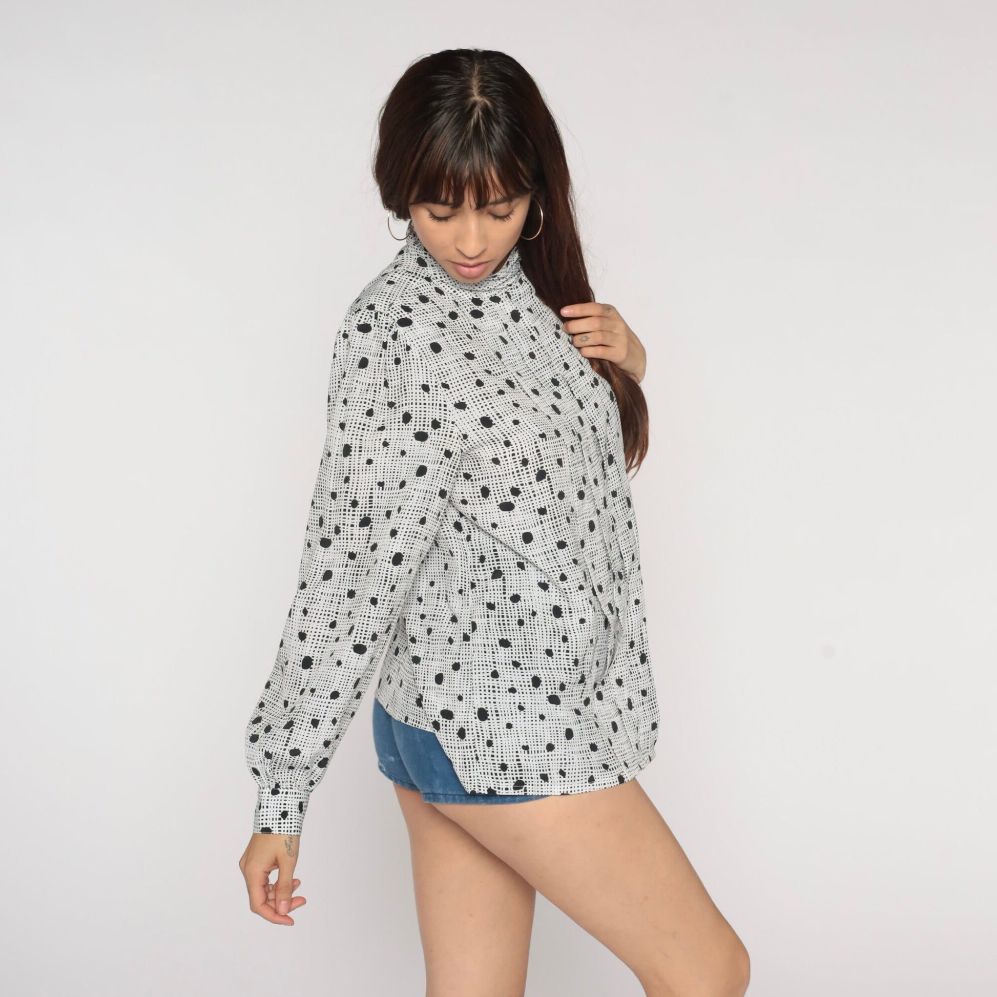 80s Black White Polka Dot Mock Neck Blouse Pleated Long Sleeve Large