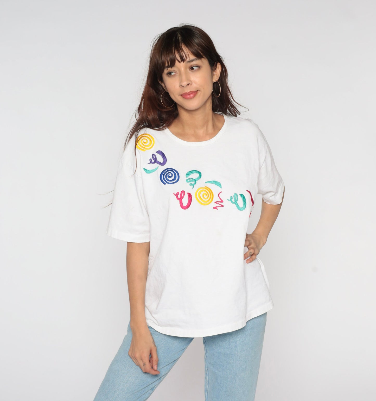 90s Iced T's Embroidered Swirl T-Shirt White Multicolor Abstract Graphic Large