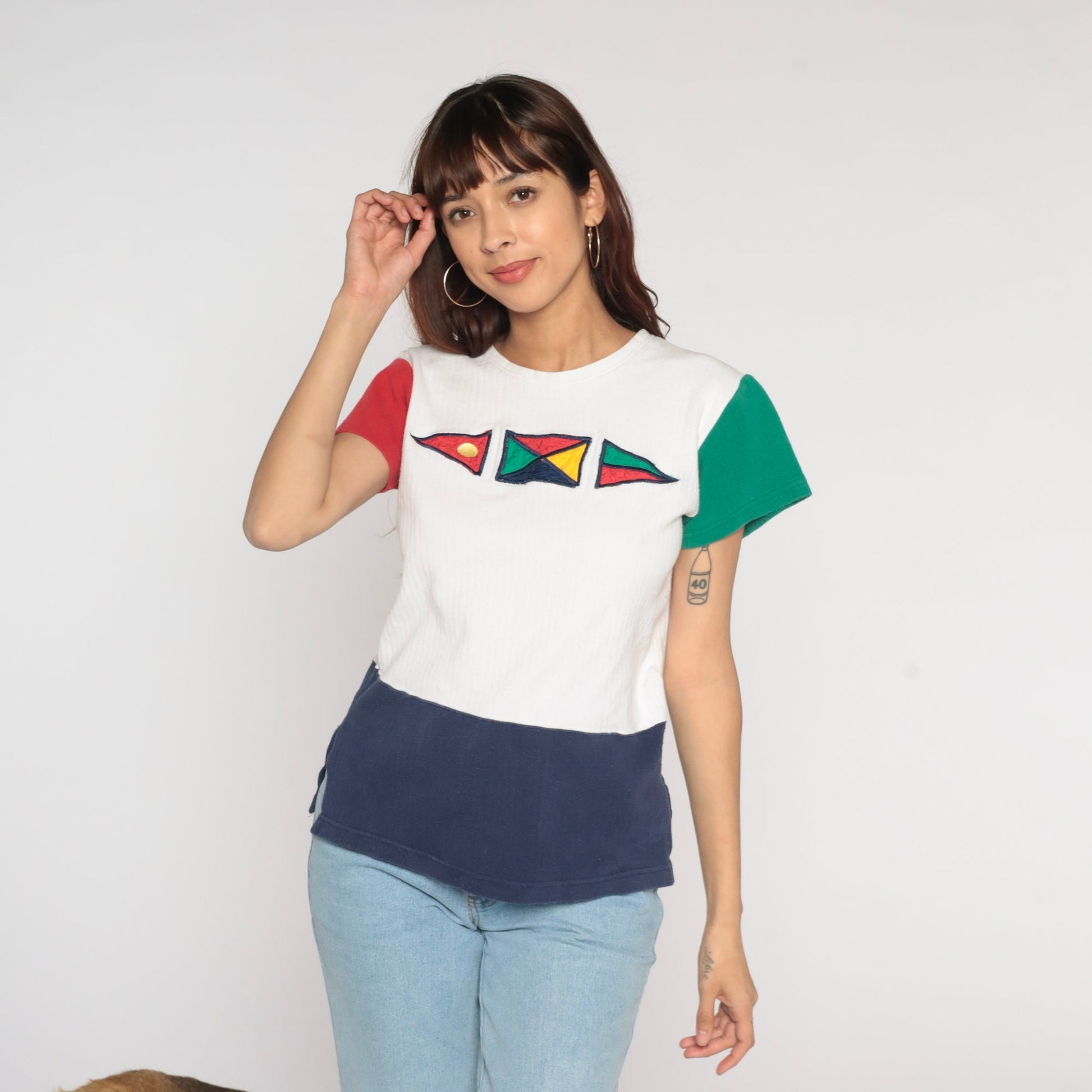 90s Nautical Flag Colour Block T-Shirt White Red Green Blue Sailing Tee Small
