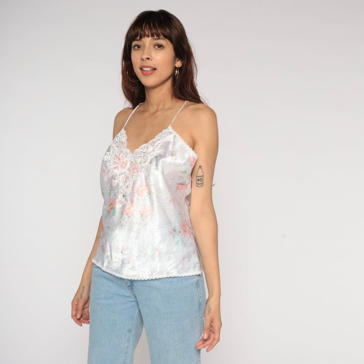 00s Floral Dot Camisole Lace Trim Tank Top White Large L
