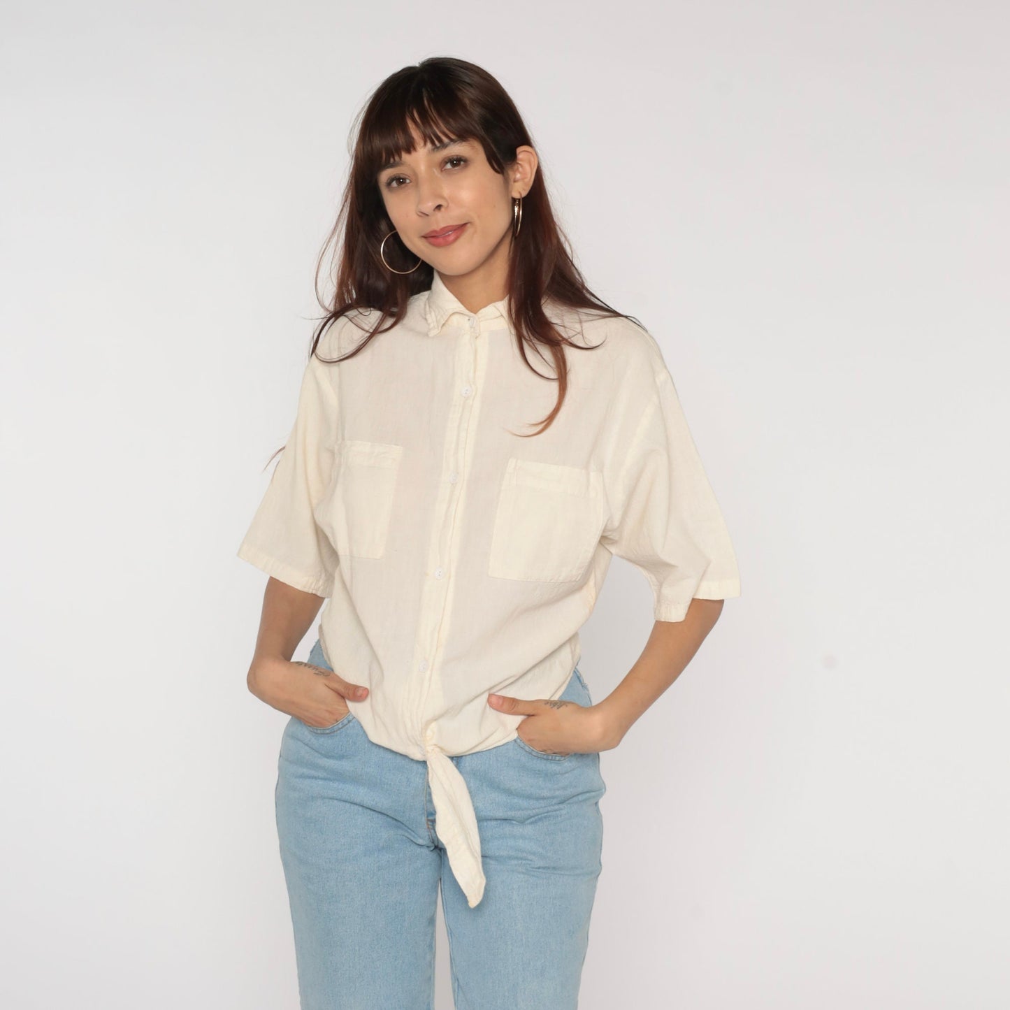 90s Tie Front Blouse Cream Cotton Button Up Short Sleeve Small