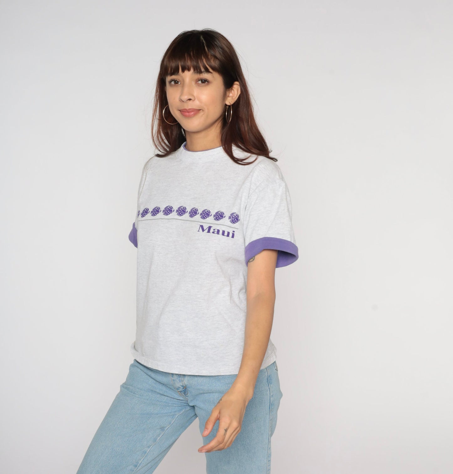 90s Maui Tropical Fish Graphic T-Shirt Grey Purple Cuffed Sleeve Medium