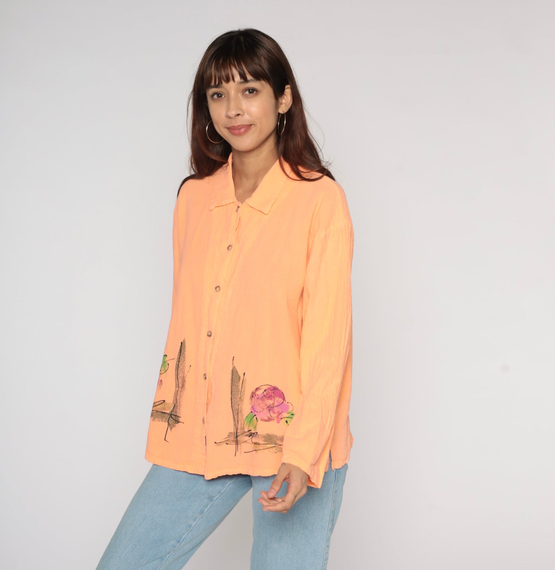 00s Rose Print Peach Floral Button-Up Blouse Cotton Long Sleeve Medium M