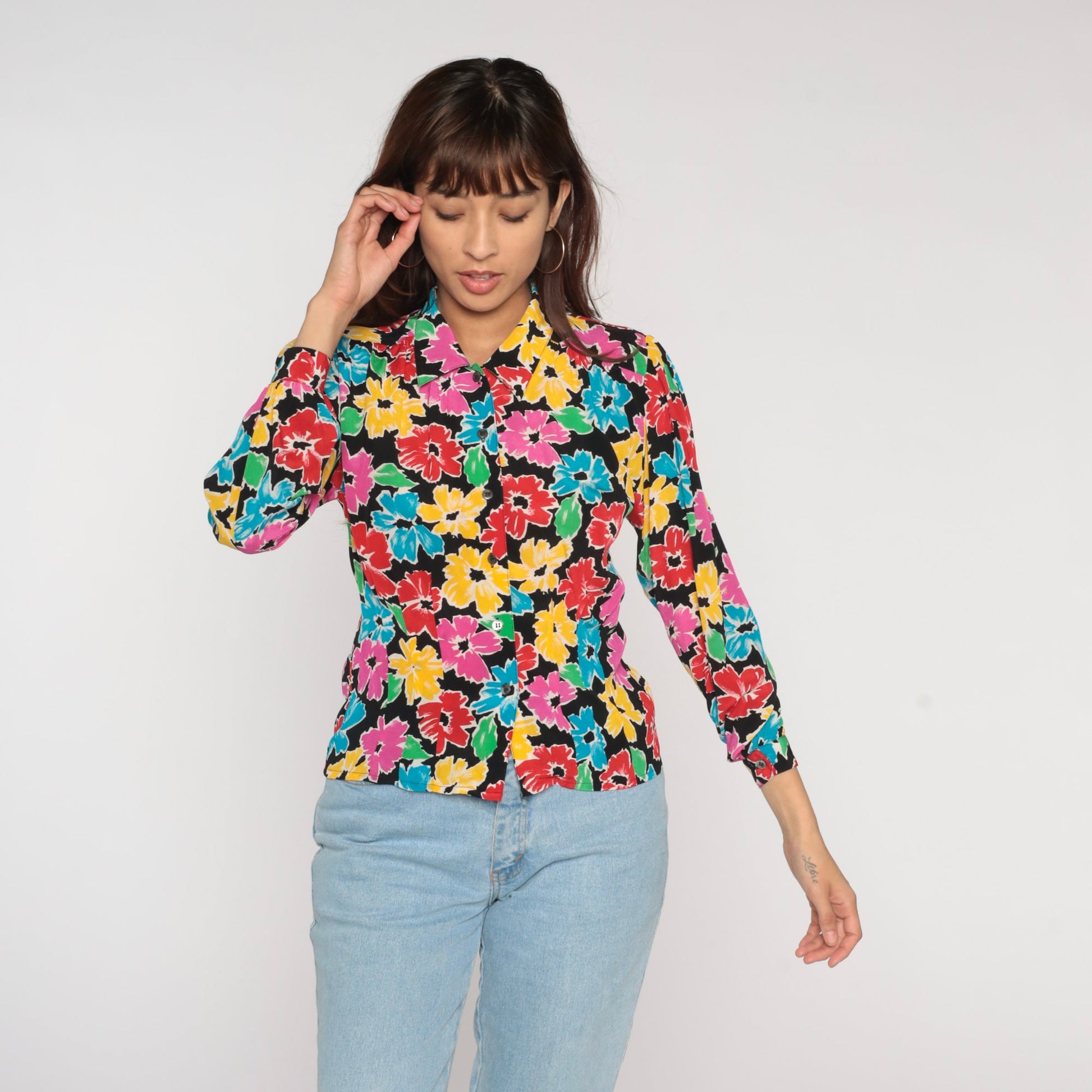 90s Liz Claiborne Floral Button Up Blouse Black Colorful Print Long Sleeve Small