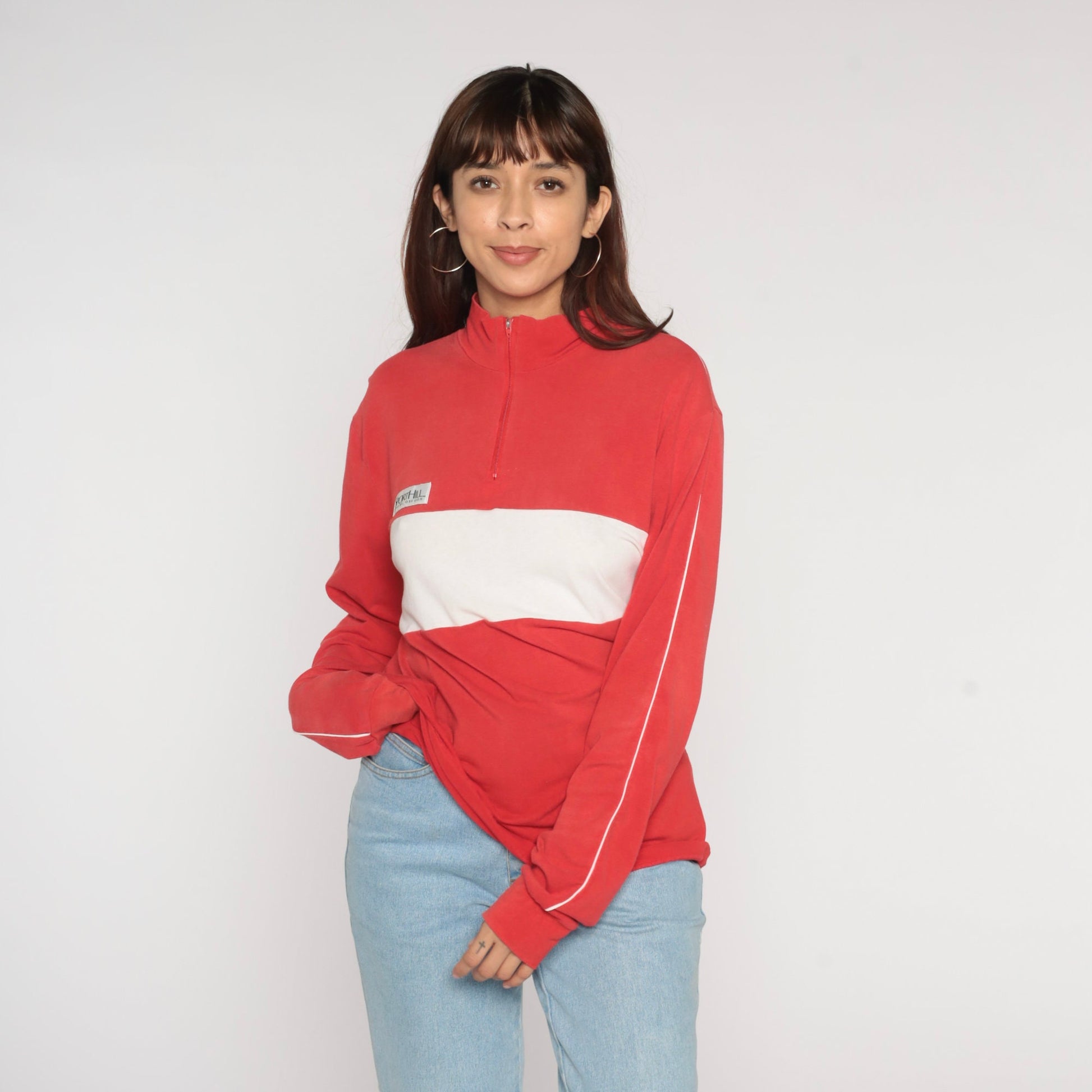 90s Sporthill Quarter Zip Long Sleeve Shirt Red White Stripe Large L