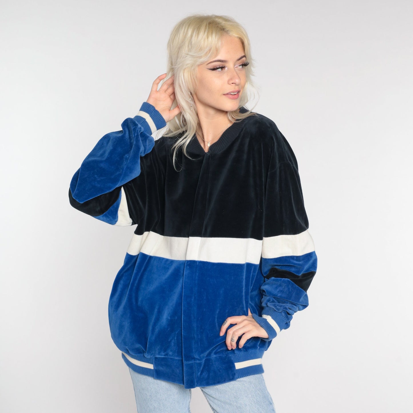 80s Velour Track Jacket Blue Black Color Block Zip Up Large