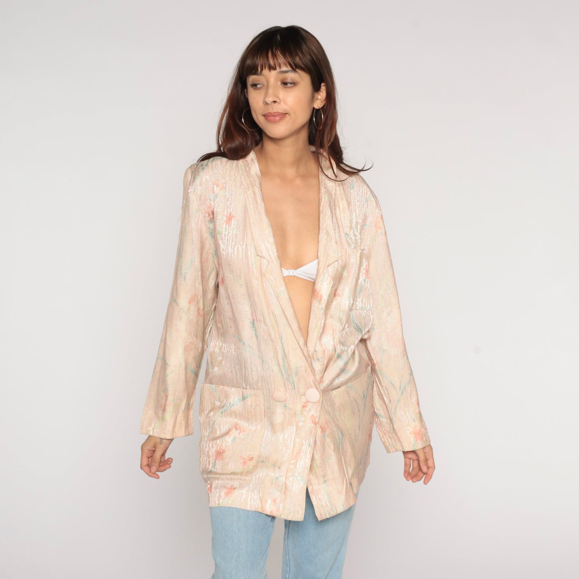 90s Blush Pink Floral Abstract Blazer Double Breasted Embossed Shiny Jacket Large L