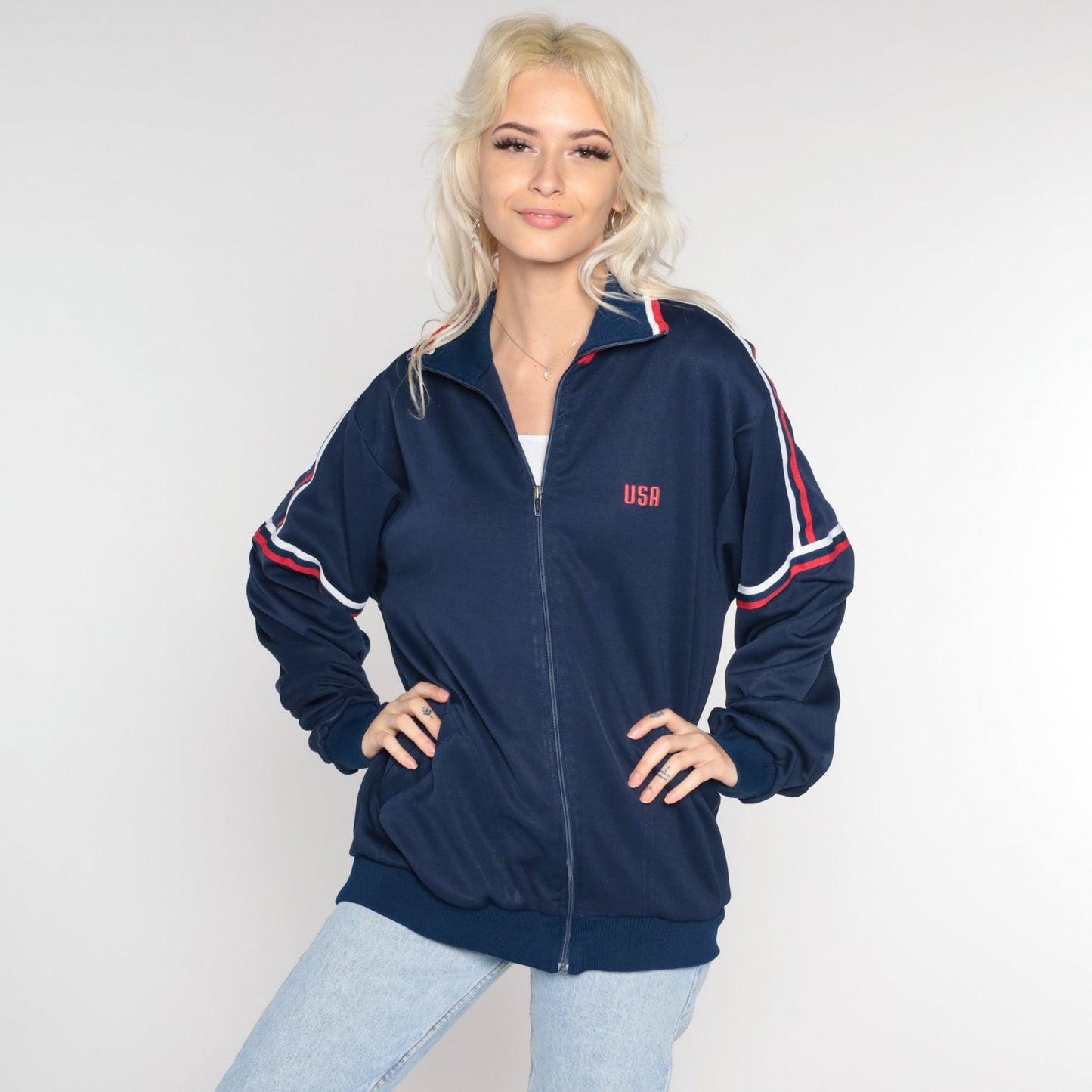 80s MacGregor Track Jacket Navy USA Striped Zip-Up Large