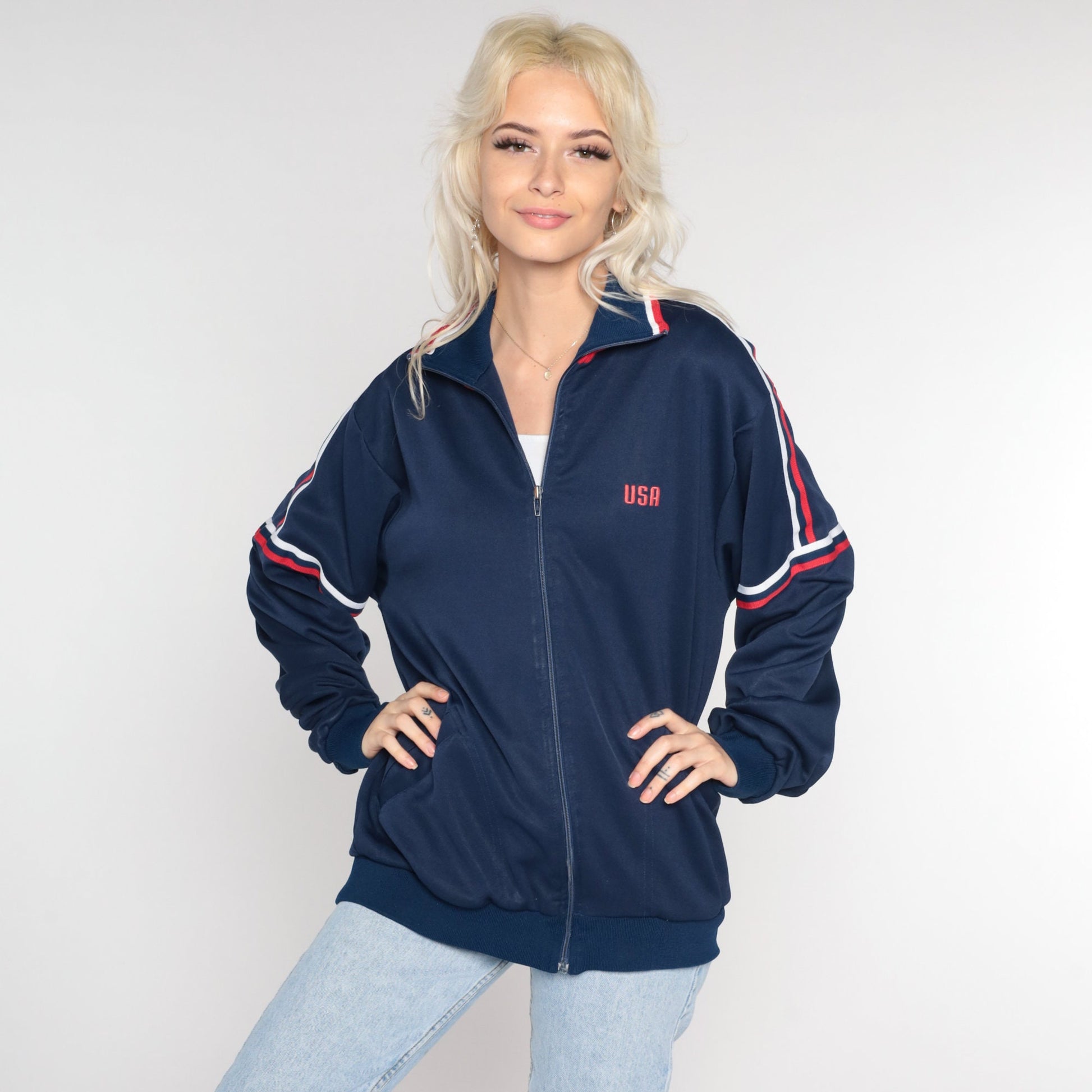 80s MacGregor Track Jacket Navy USA Striped Zip-Up Large