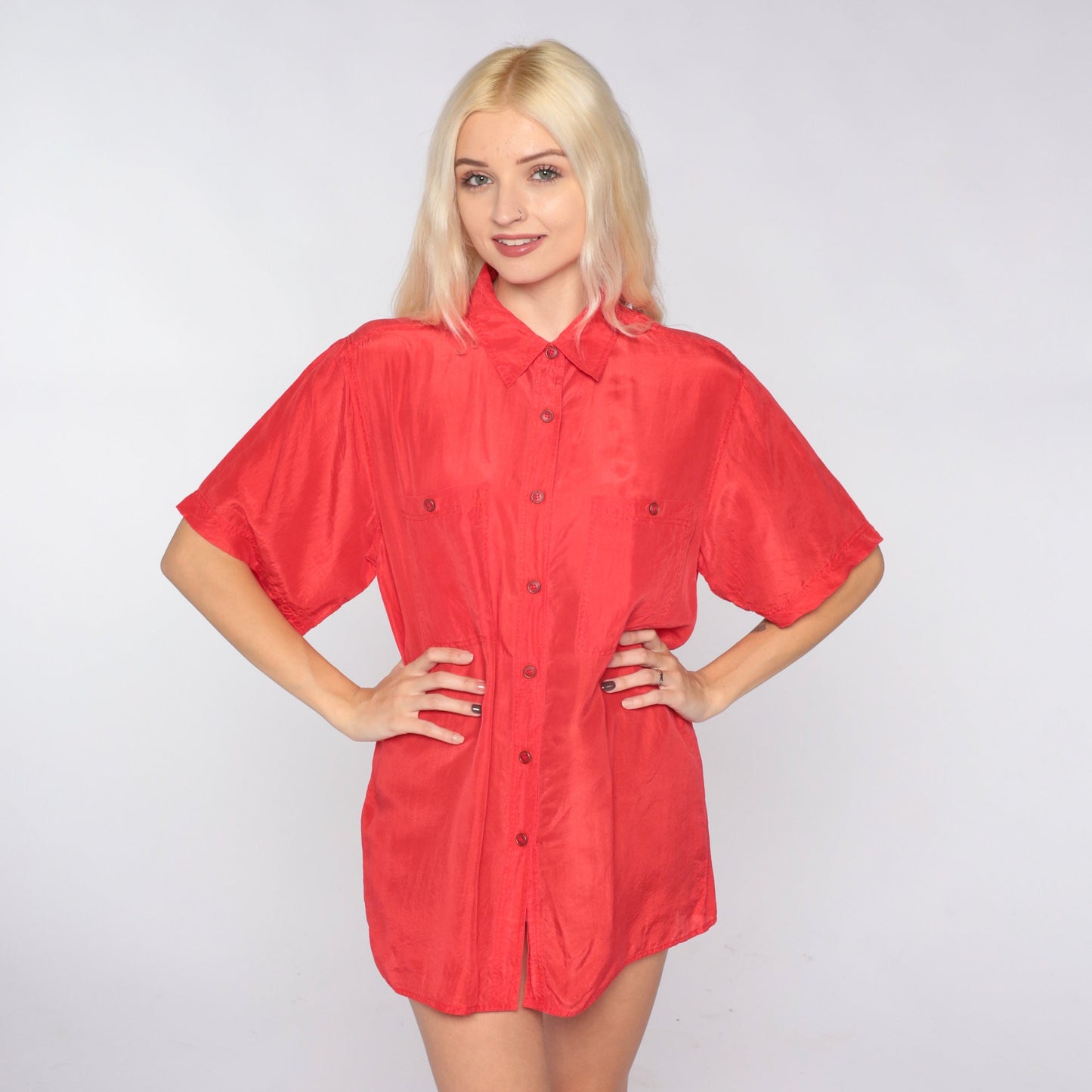 90s Red Silk Button-Up Blouse Short Sleeve Chest Pocket Small S