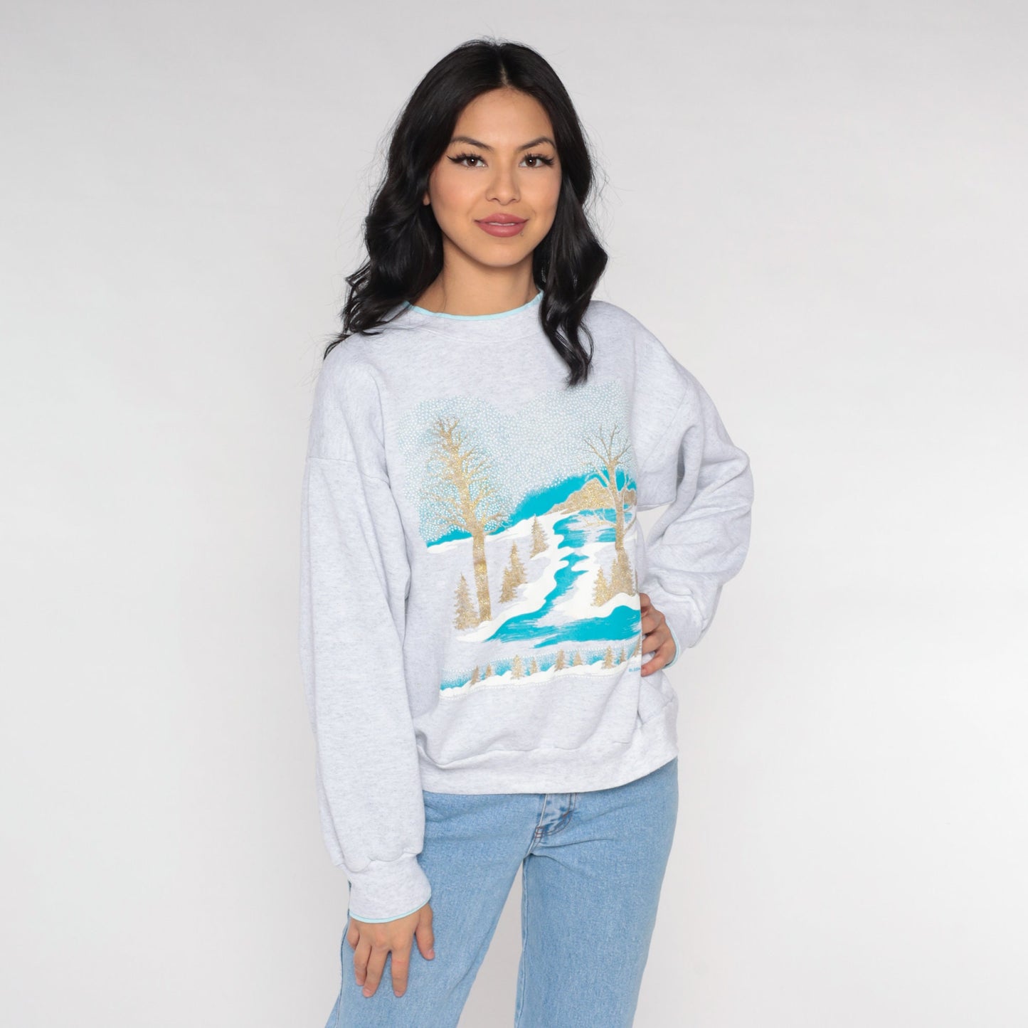 90s Winter Scene Sweatshirt Gold Glitter Trees Heather Grey Medium
