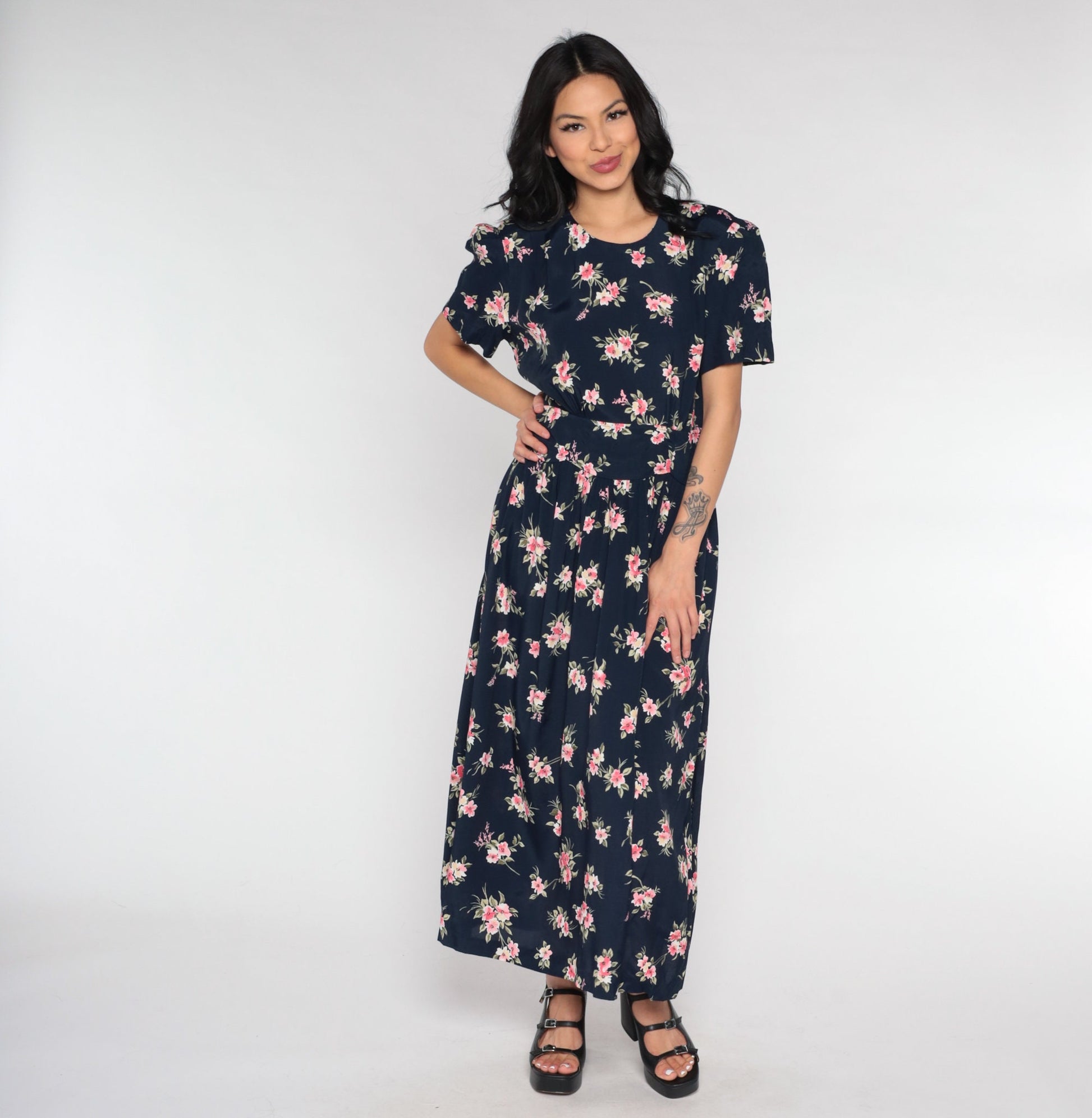 90s Navy Floral Maxi Dress Empire Waist Button Back Short Sleeve Small