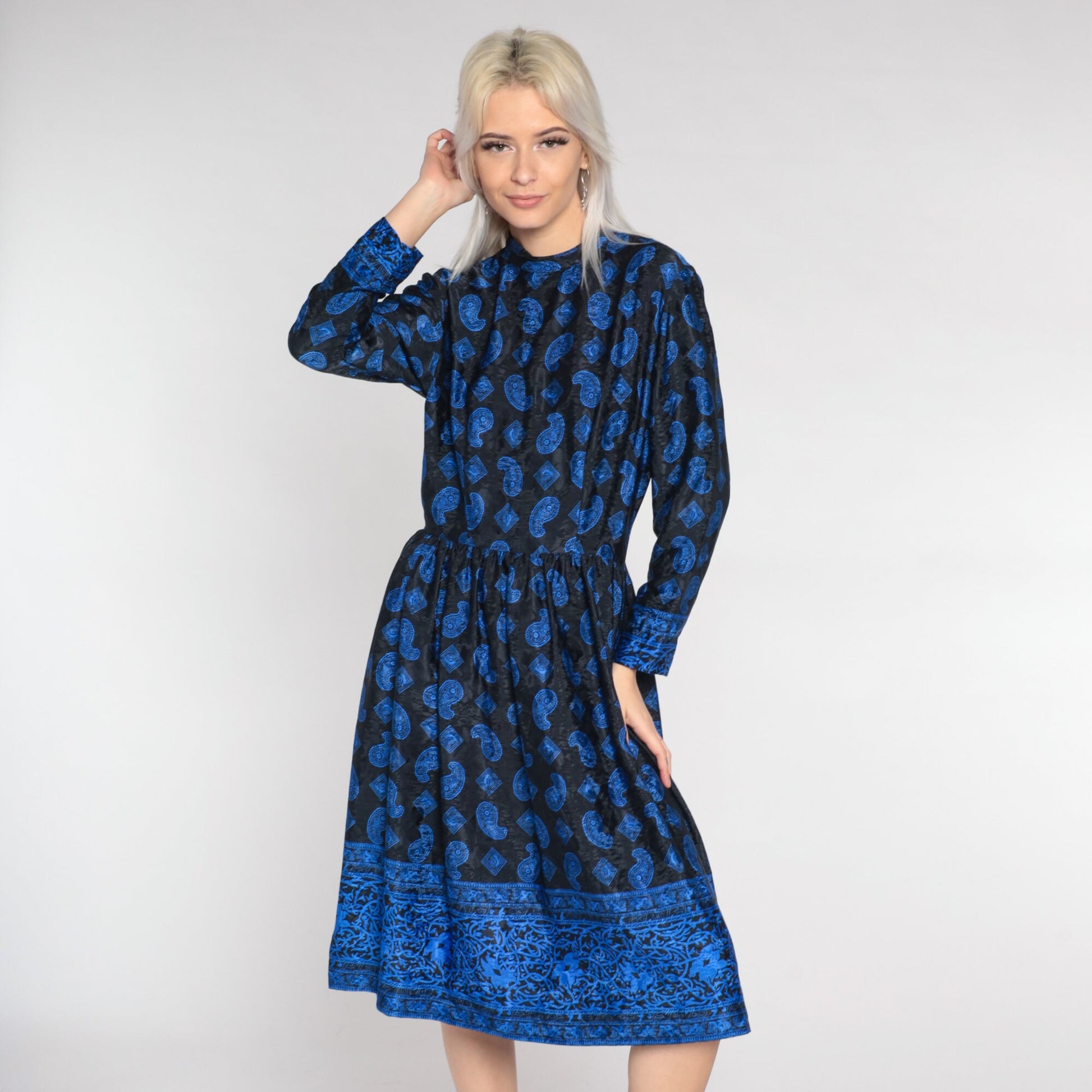 80s Black Blue Paisley Midi Dress Long Sleeve Mock Neck High Waisted Small