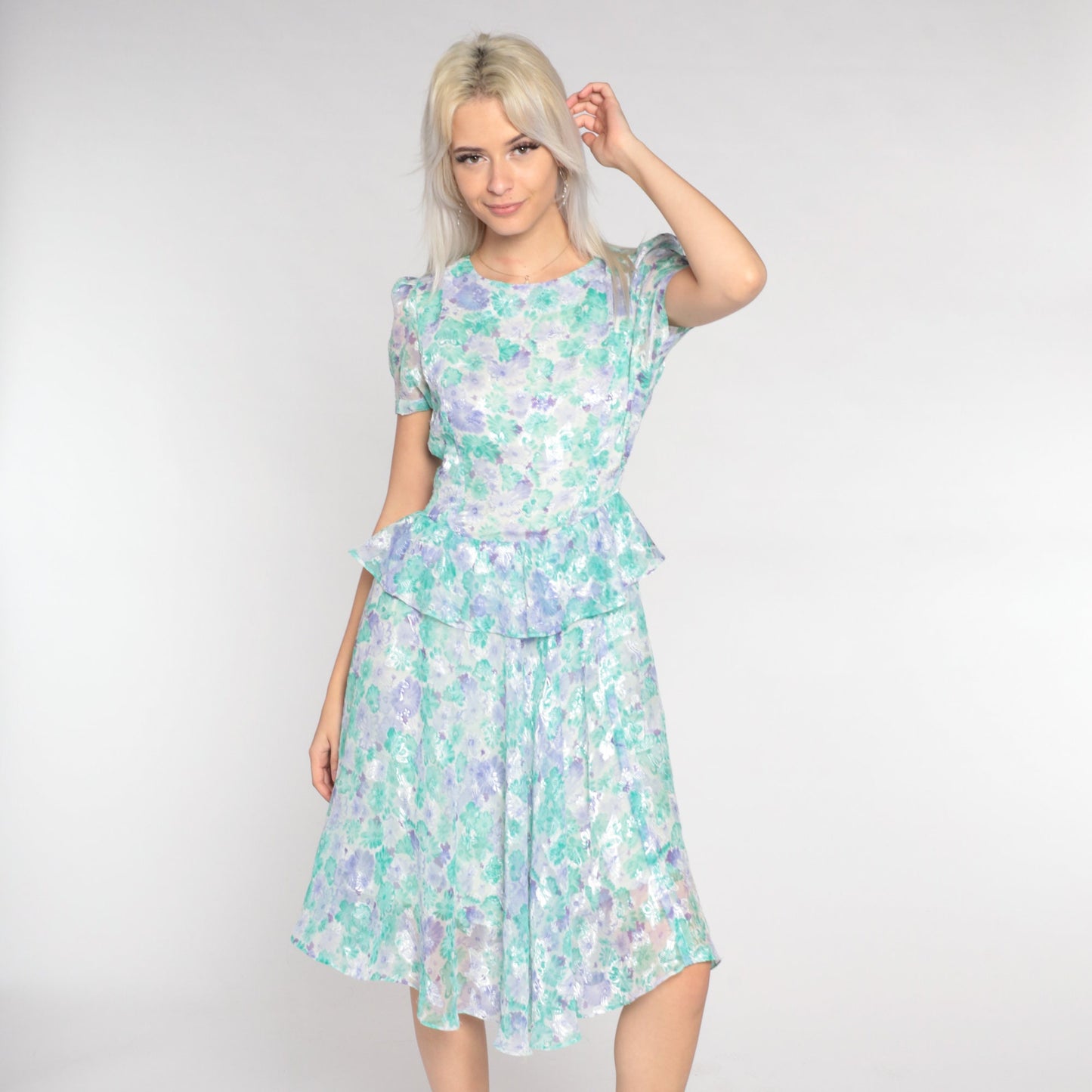 80s Floral Peplum Dress Puff Sleeve Knee-Length White Purple Green Small