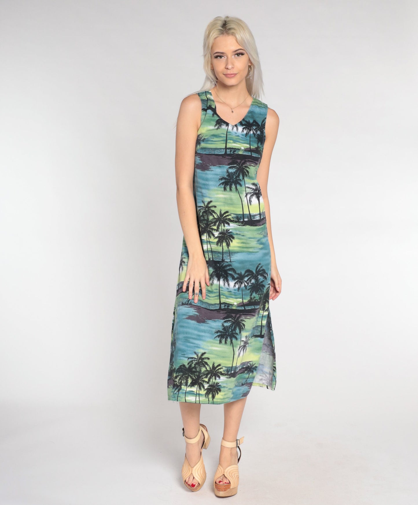 90s Tropical Palm Tree Midi Dress Blue Green Sleeveless Cotton Extra Small